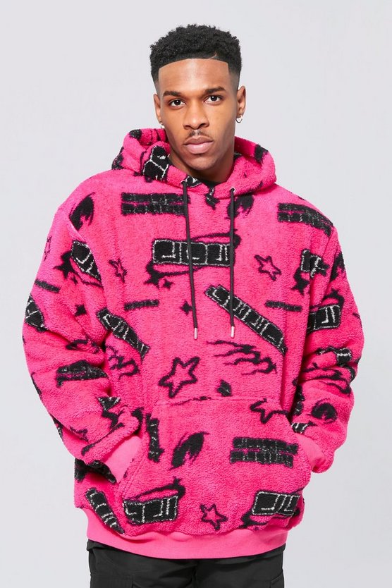 Unisex Oversize Pembe Kapşonlu Peluş Sweatshirt