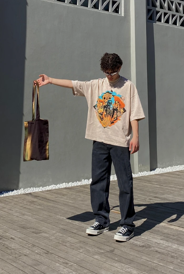 Unisex Oversize Graphic Baskılı Sand T-Shirt