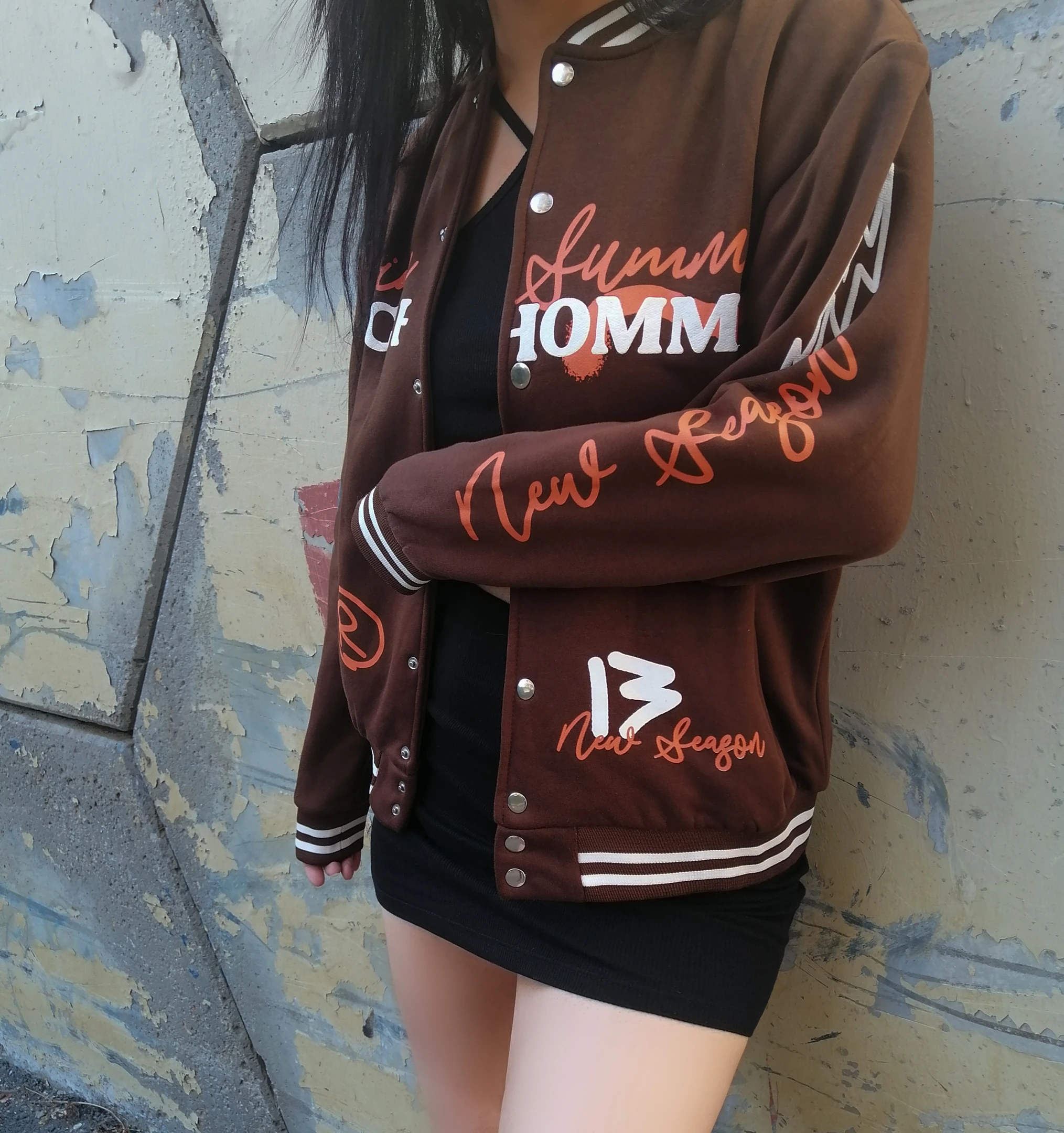 Unisex Oversize Baskılı Kahverengi Bomber Kolej Ceket