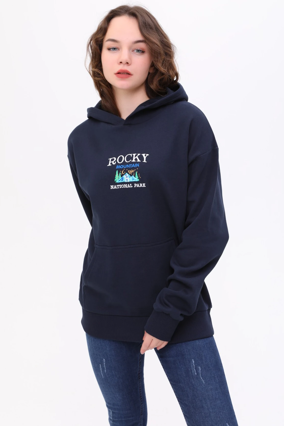 Unisex Oversize ROCKY Nakiş Işlemeli Kapşonlu Sweatshirt