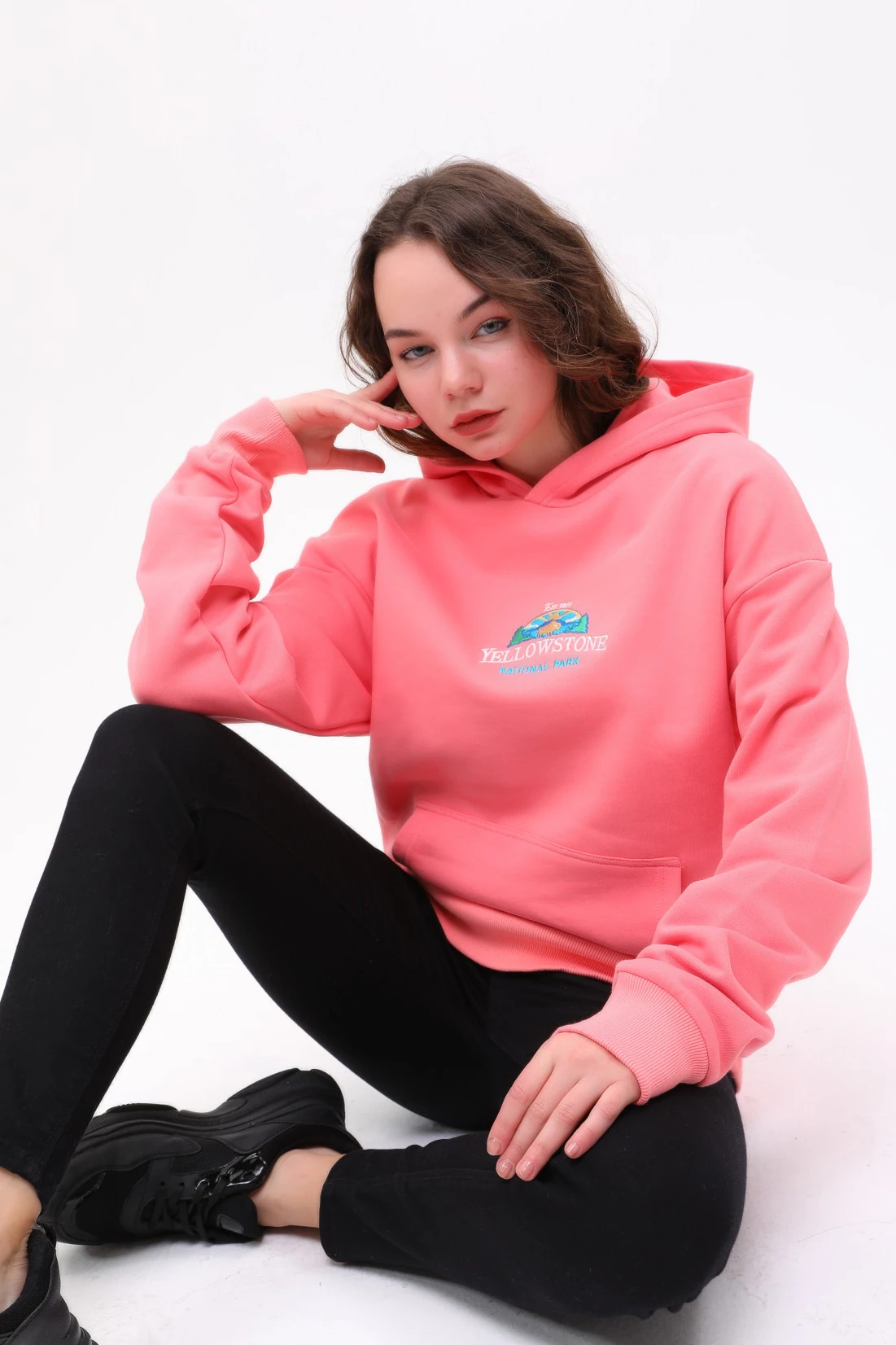 Unisex Oversize Yellow Stone Nakiş Işlemeli Kapşonlu Sweatshirt