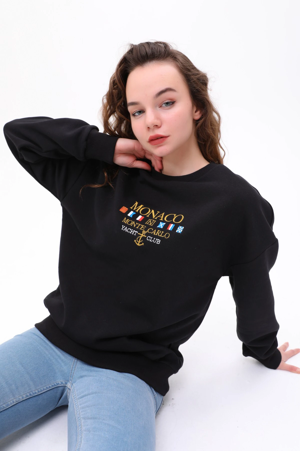  Unisex Oversize MONACO Nakiş İşlemeli Sweatshirt