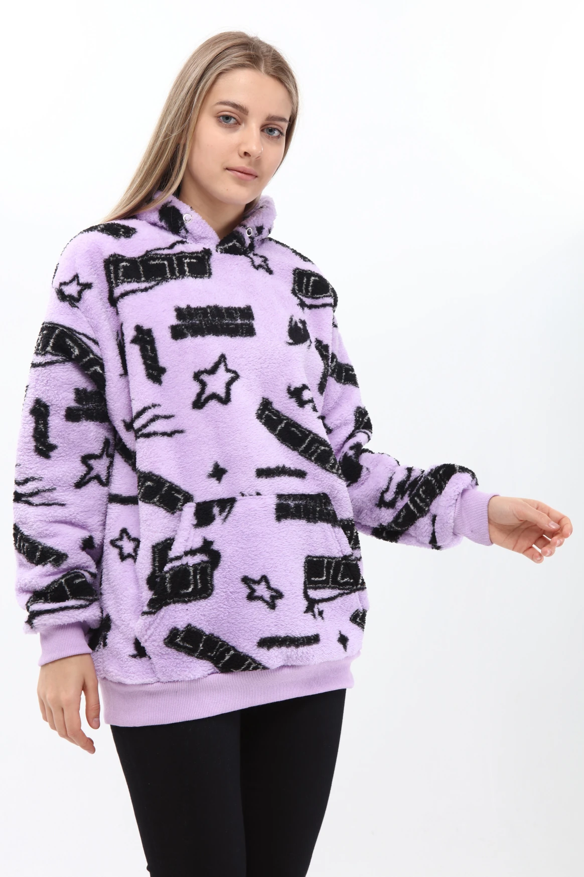 Unisex Oversize PEMBE Kapşonlu Peluş Sweatshirt