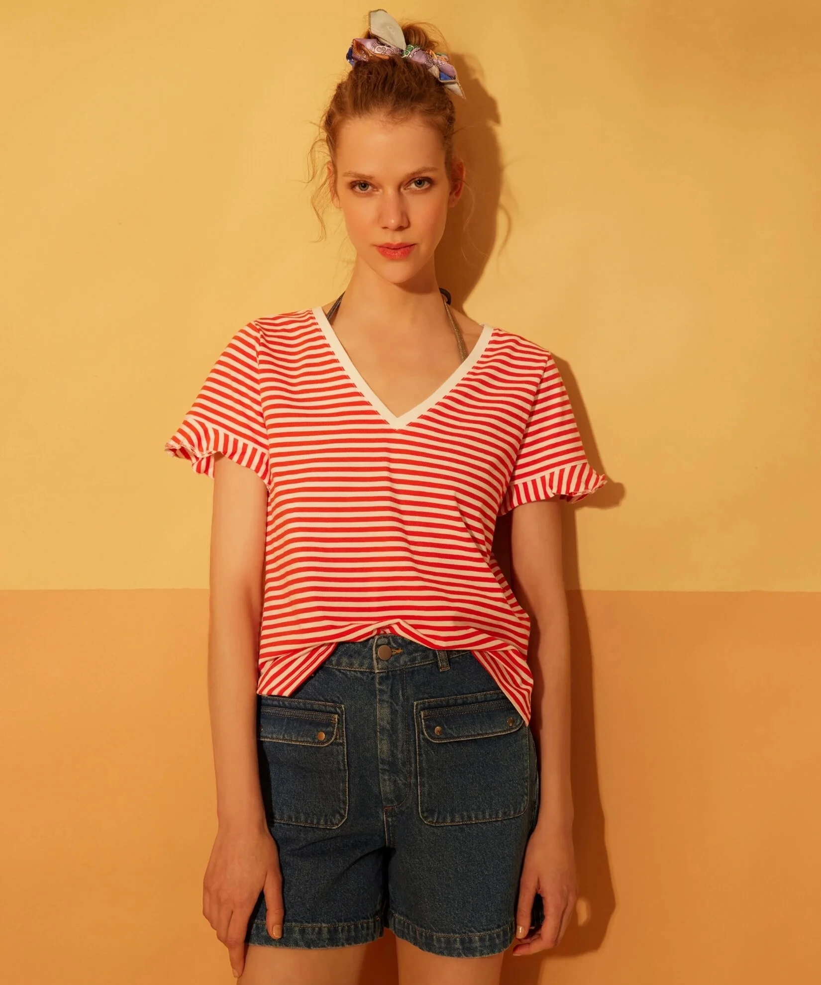 Yüksek Bel Ön Cep Detaylı Denim Mavi Şort