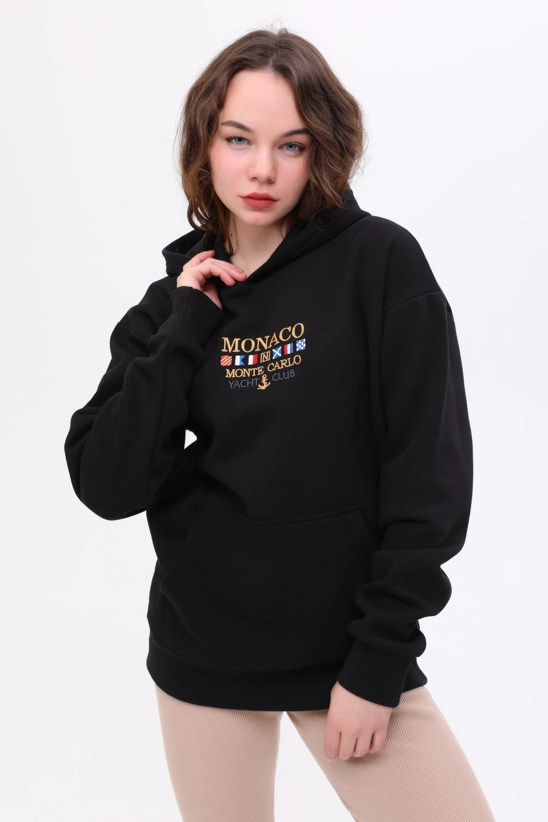 Unisex Oversize MONACO Nakiş İşlemeli Kapşonlu Sweatshirt