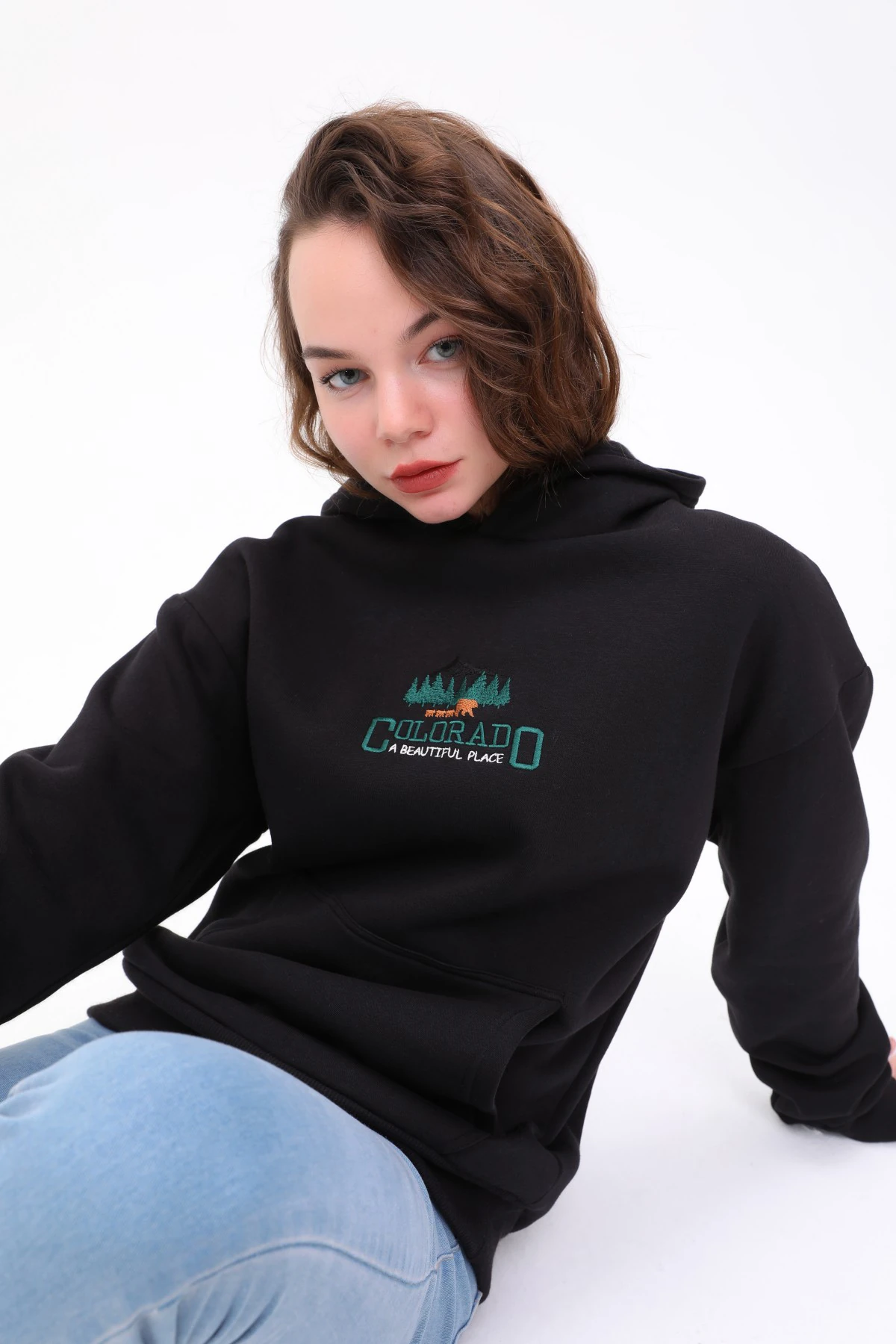 Unisex Oversize COLORADO Nakiş İşlemeli Kapşonlu Sweatshirt
