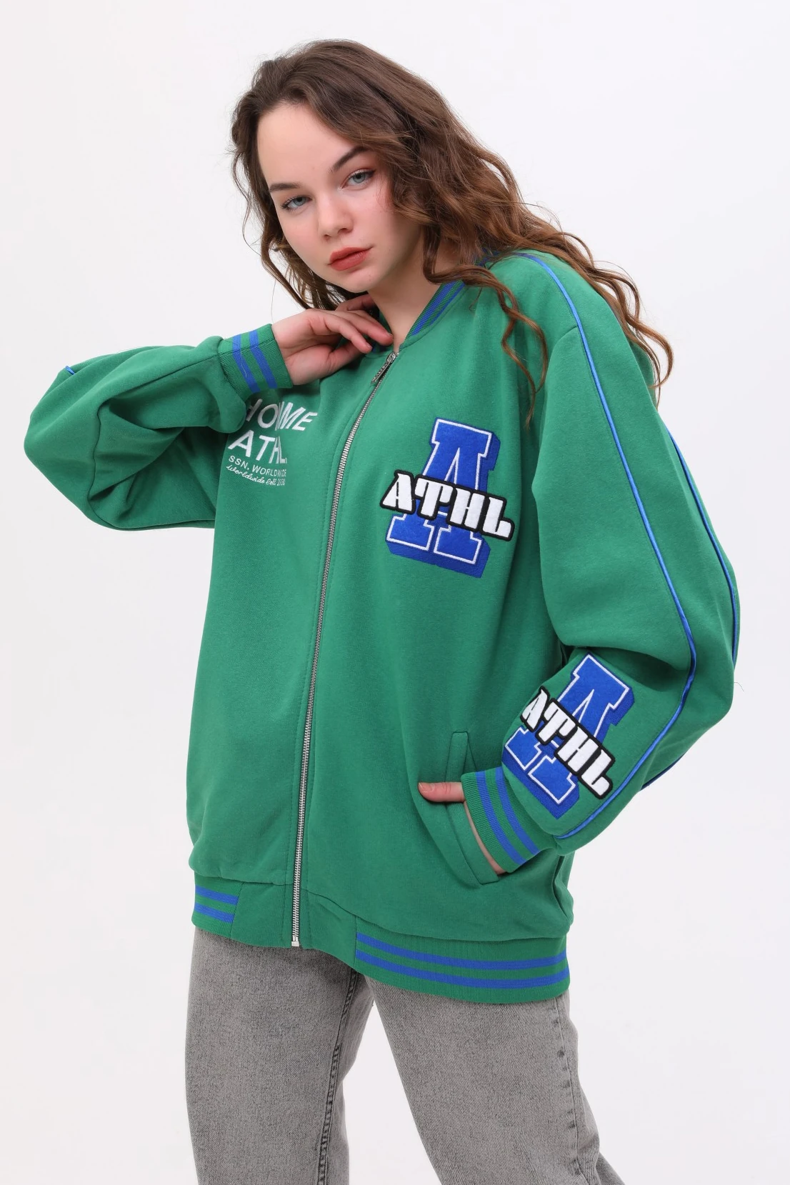 Unisex Oversize Yeşil ATHL Fermuarlı Bomber Kolej Ceket