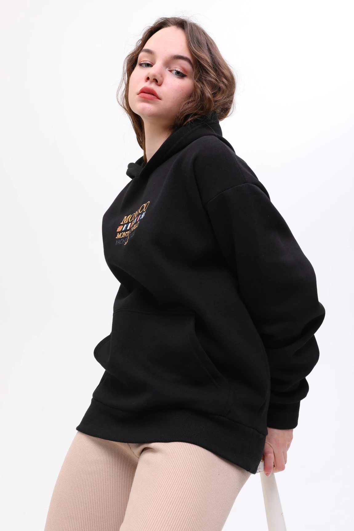 Unisex Oversize MONACO Nakiş İşlemeli Kapşonlu Sweatshirt