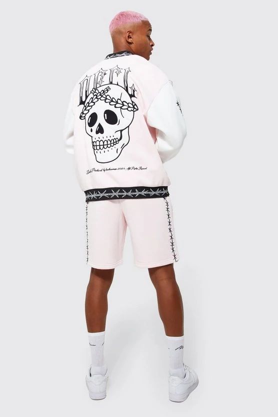 Unisex Oversize Pembe Kabaran Baskılı Bomber Kolej Ceket 