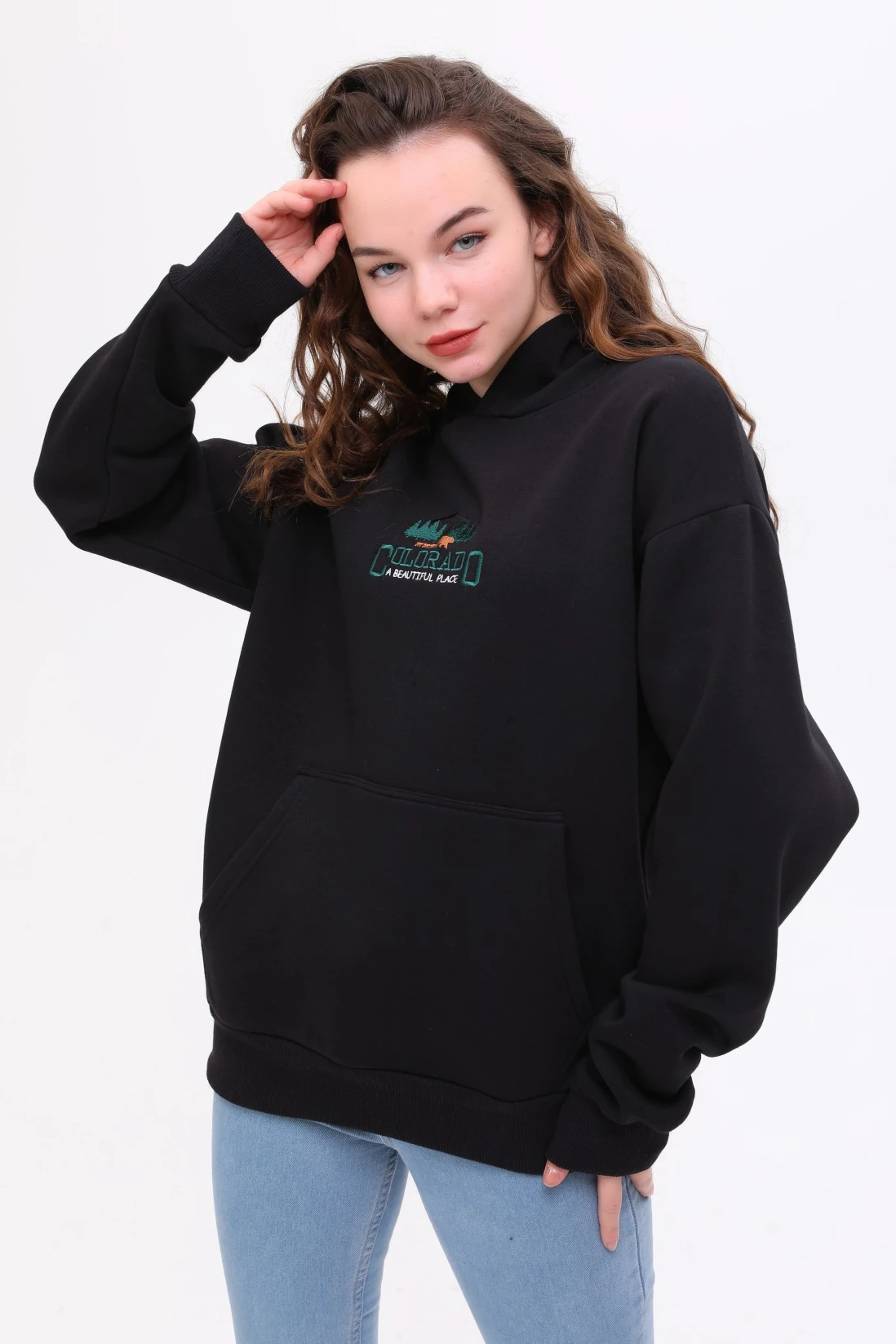 Unisex Oversize COLORADO Nakiş İşlemeli Kapşonlu Sweatshirt