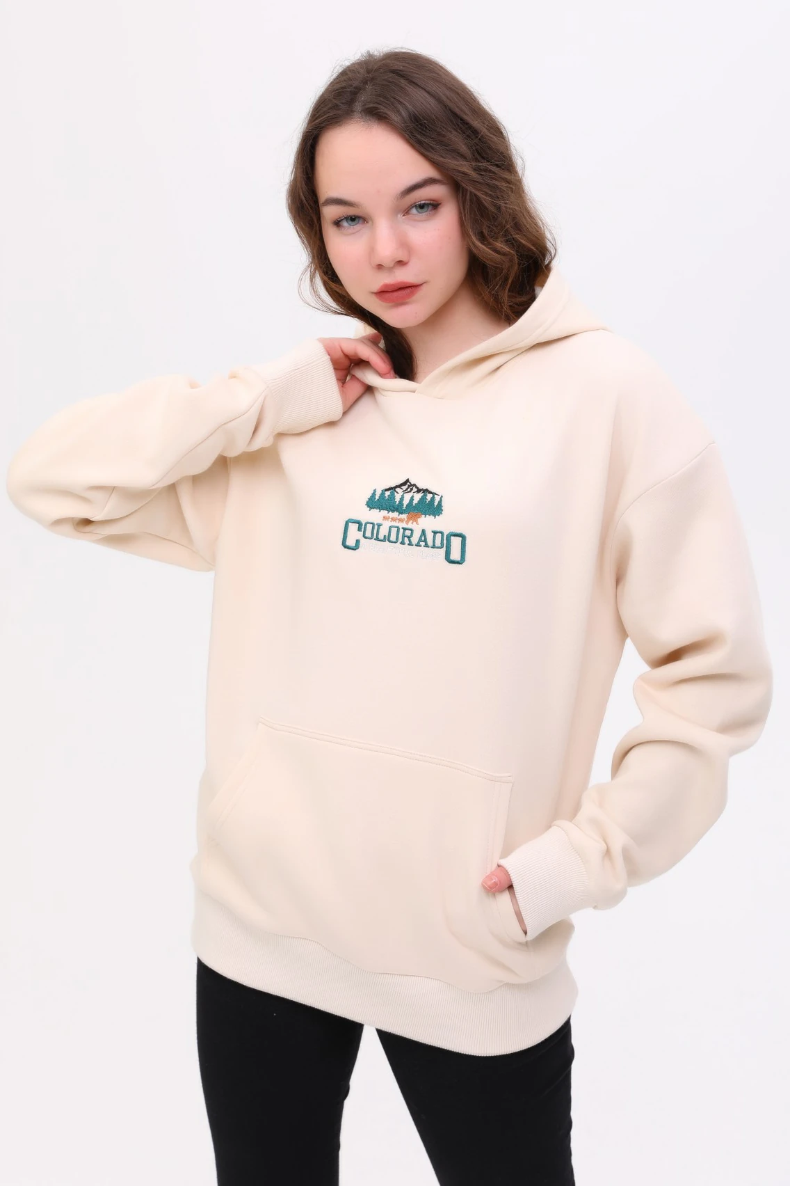 Unisex Oversize COLORADO Nakiş İşlemeli Kapşonlu Sweatshirt
