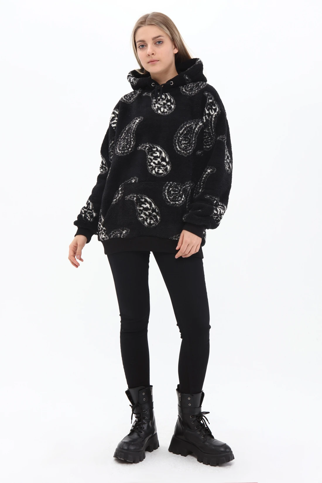 Unisex Oversize SİYAH Özel Desen İşlemeli Kapşonlu Peluş Sweatshirt