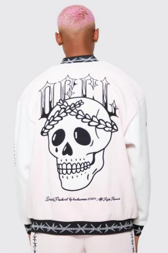 Unisex Oversize Pembe Kabaran Baskılı Bomber Kolej Ceket 