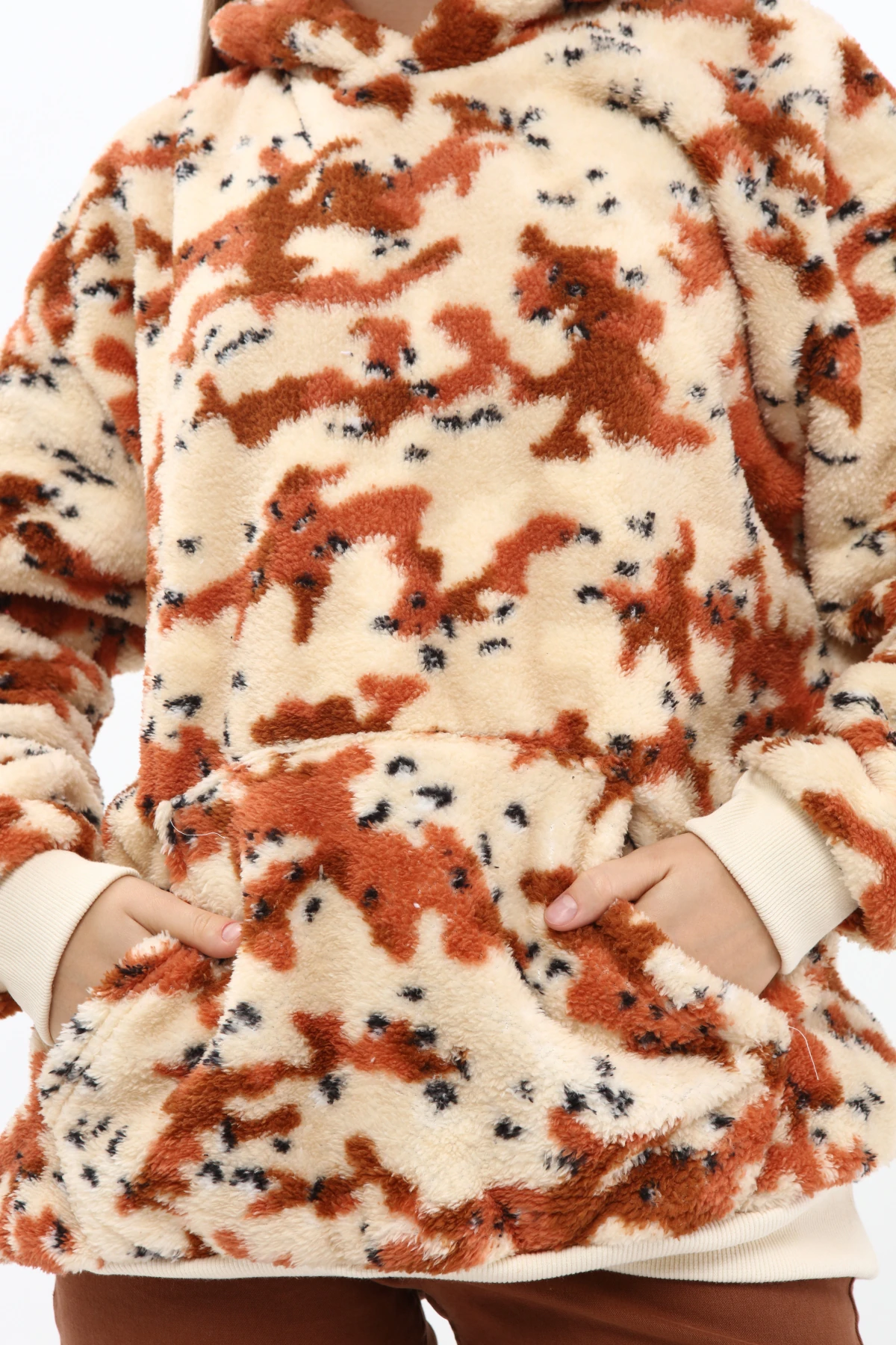 Unisex Oversize KAHVERENGİ Kapşonlu Peluş Sweatshirt