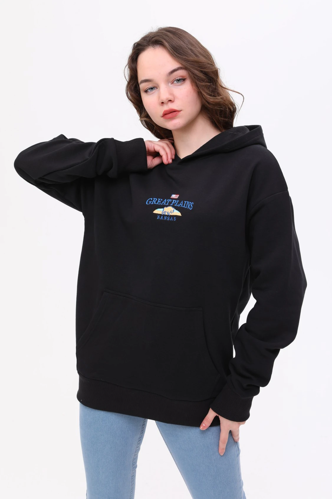 Unisex Oversize KANSAS Nakiş Işlemeli Kapşonlu Sweatshirt