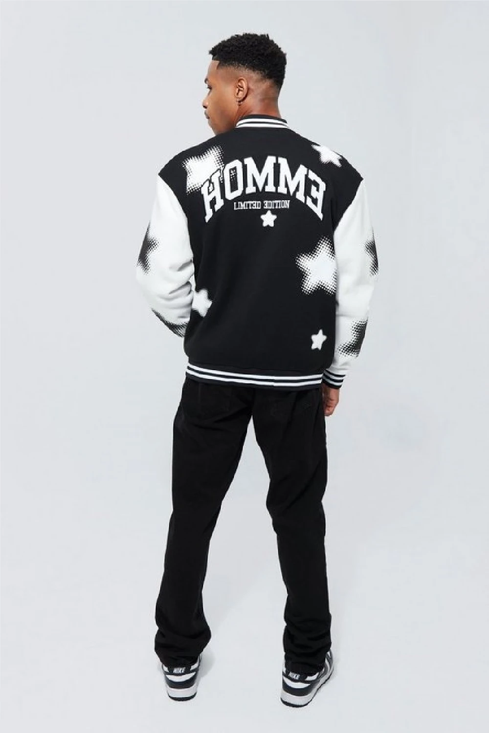 Unisex Oversize Siyah Homme Baskı & Nakiş Işlemeli Bomber Kolej Ceket