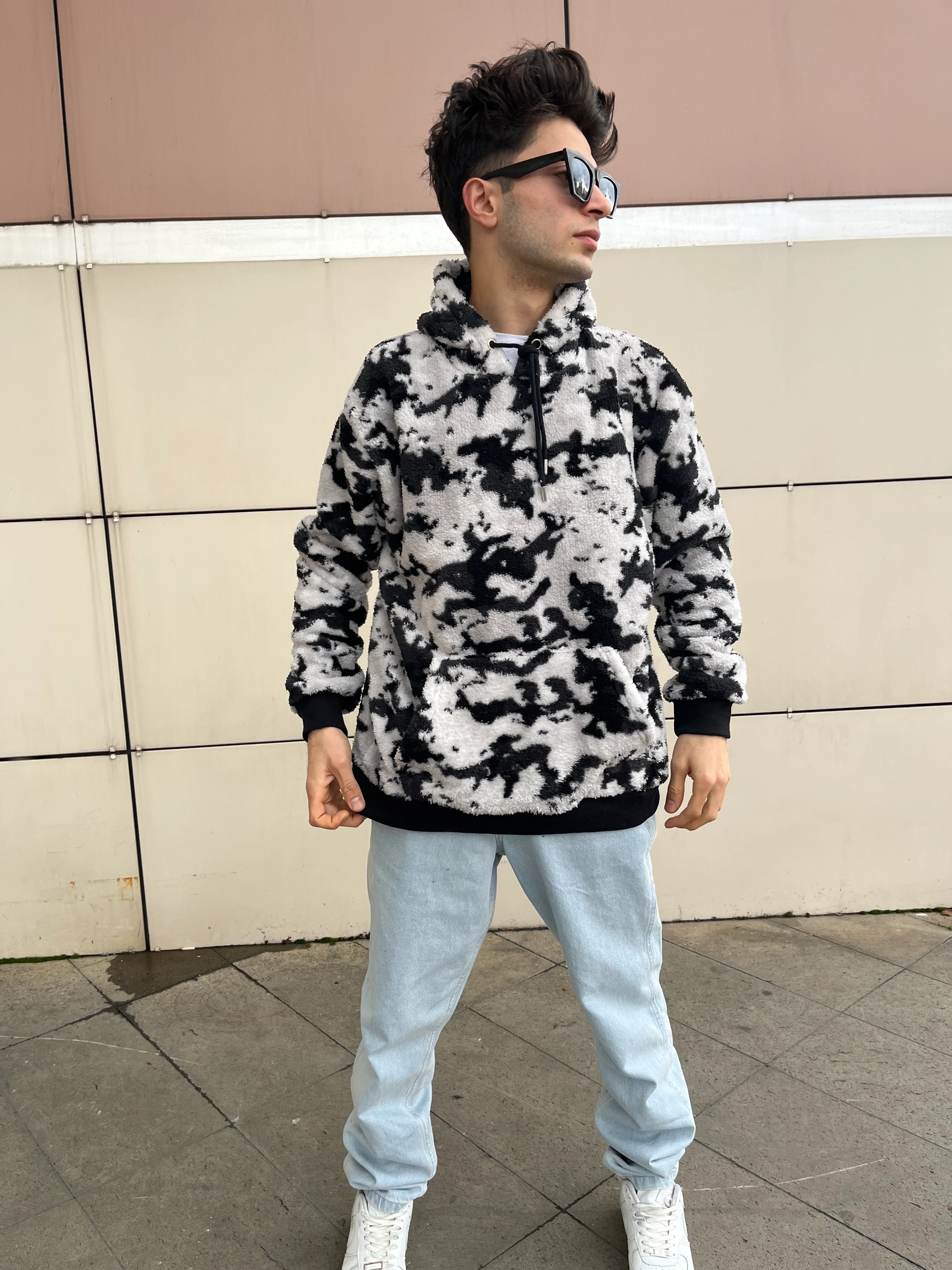 Unisex Oversize SİYAH Kamuflaj Desenli Kapşonlu Peluş Sweatshirt