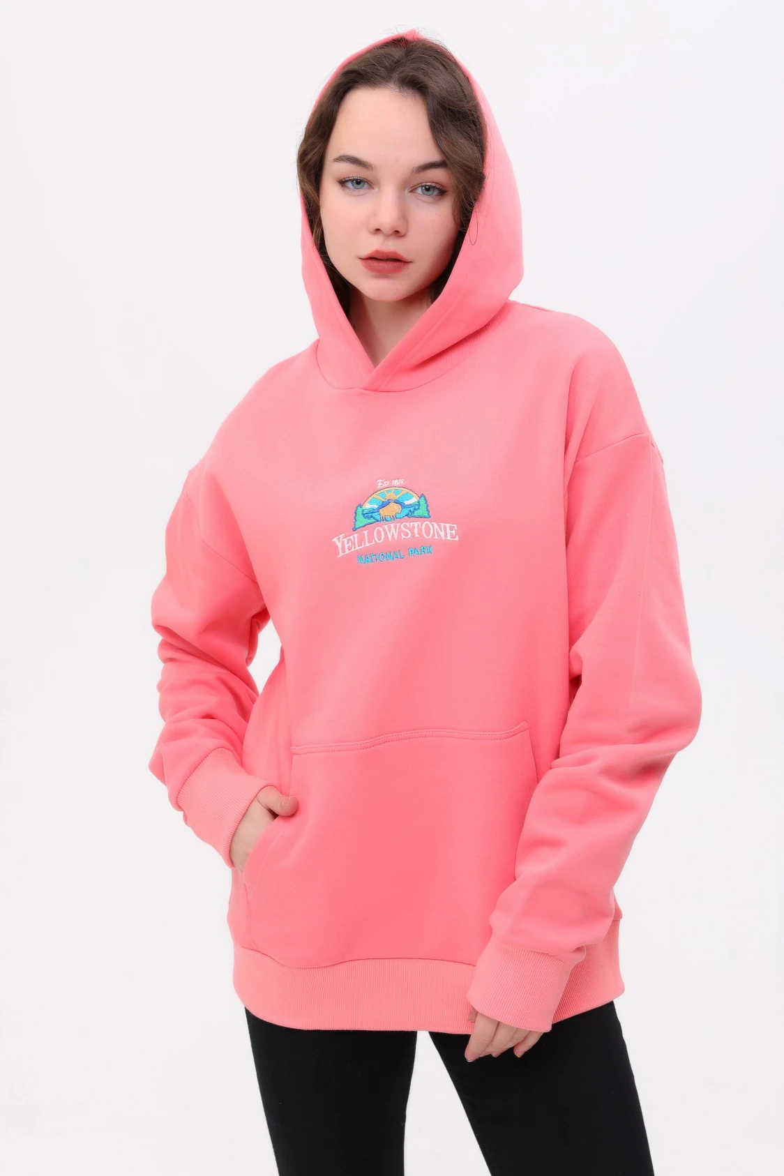 Unisex Oversize Yellow Stone Nakiş Işlemeli Kapşonlu Sweatshirt