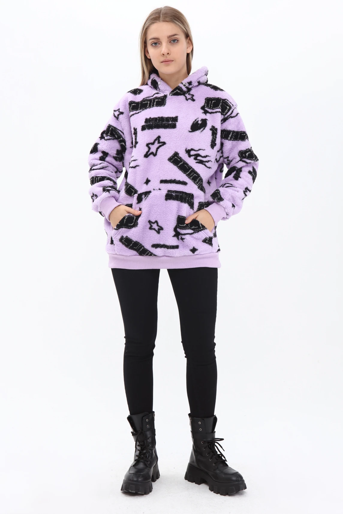Unisex Oversize PEMBE Kapşonlu Peluş Sweatshirt