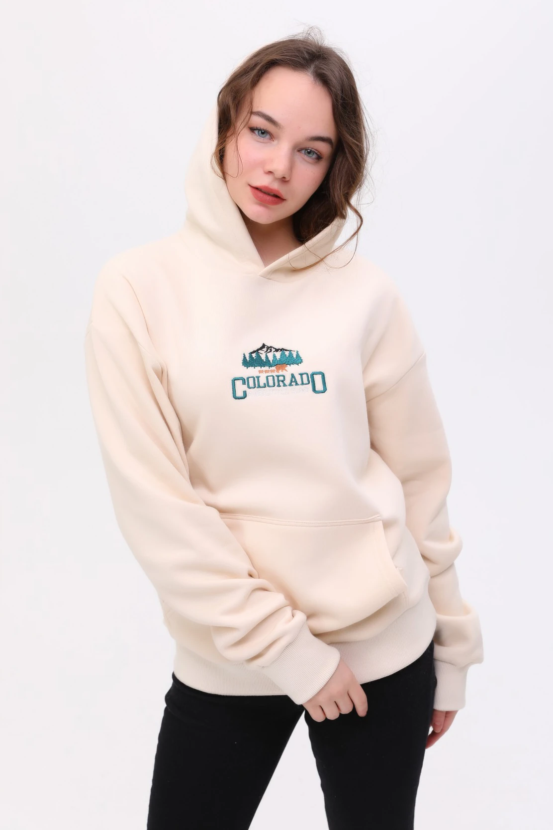 Unisex Oversize COLORADO Nakiş İşlemeli Kapşonlu Sweatshirt