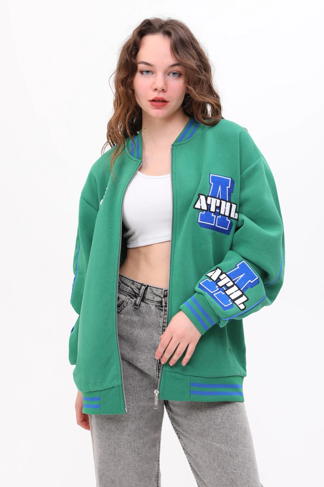 Unisex Oversize Yeşil ATHL Fermuarlı Bomber Kolej Ceket