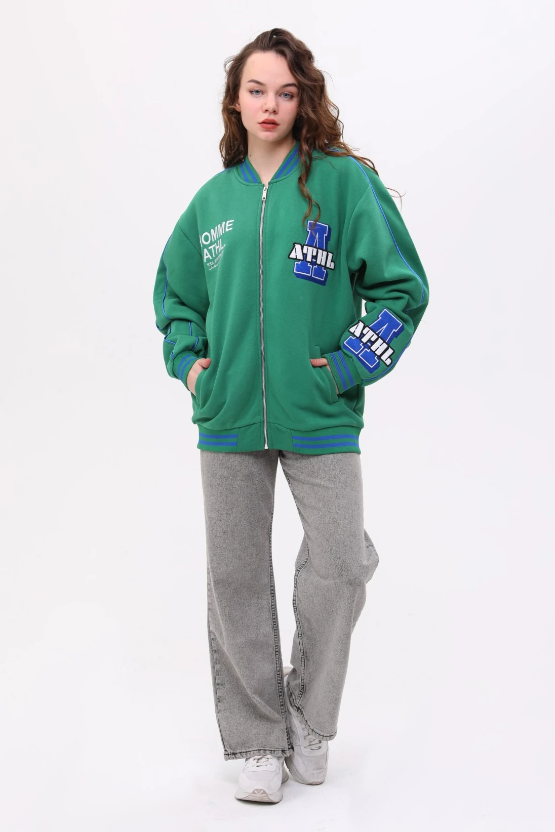 Unisex Oversize Yeşil ATHL Fermuarlı Bomber Kolej Ceket