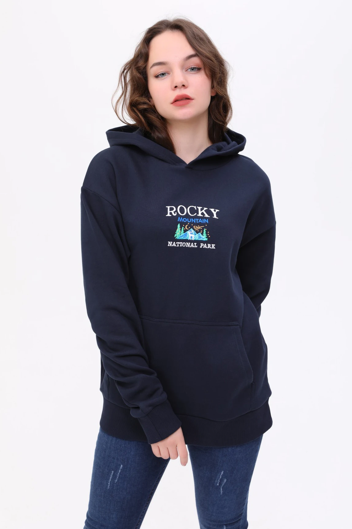 Unisex Oversize ROCKY Nakiş Işlemeli Kapşonlu Sweatshirt
