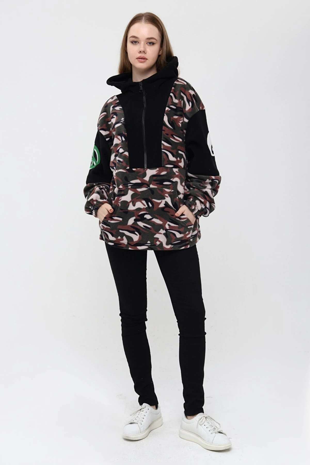 Unisex Oversize Kamuflaj Polar Fermuarlı Kapşonlu Sweatshirt