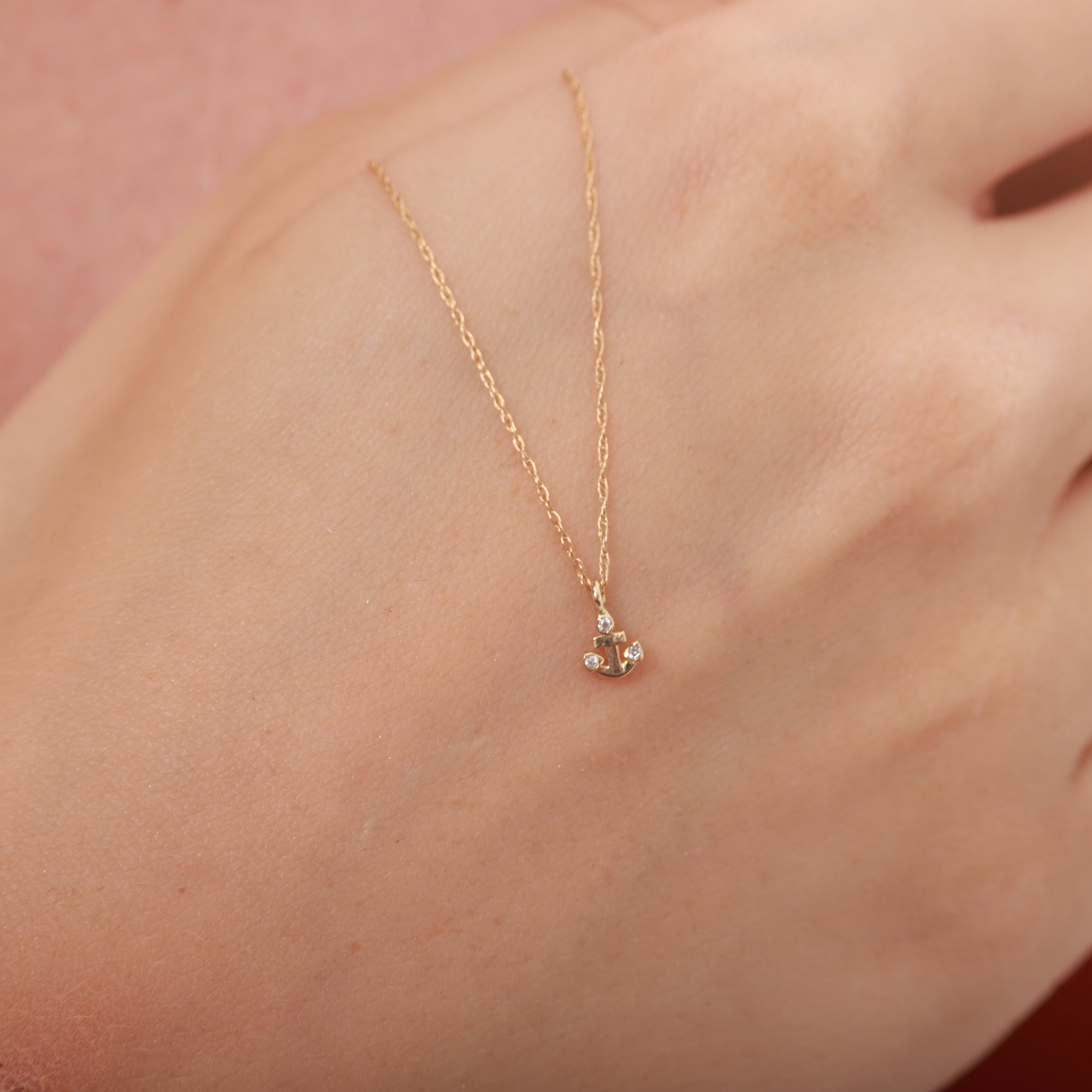 14 Carat Gold Minimal Anchor Stone Necklace