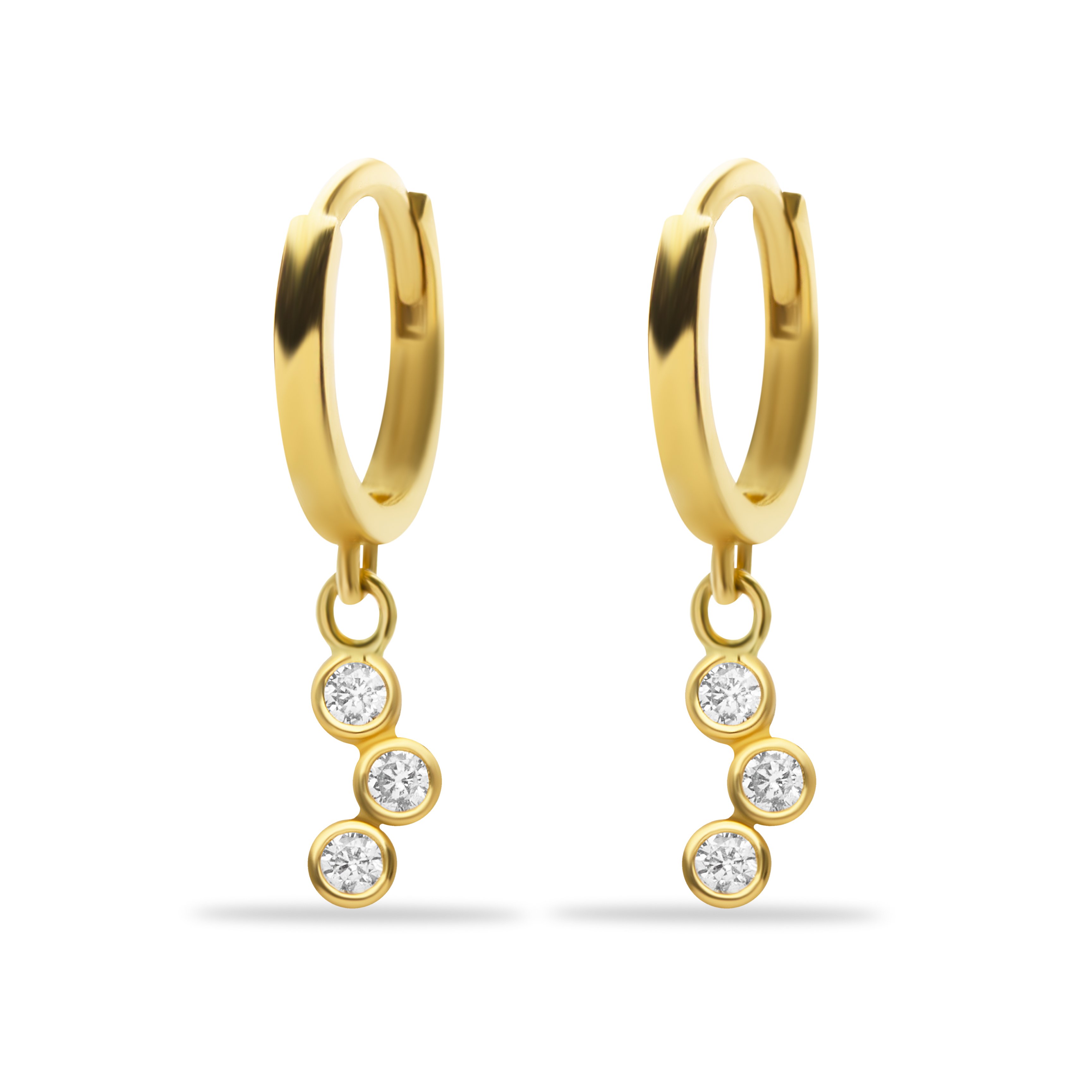 14 Carat Gold 3 Zircon Stone Dangle Earrings