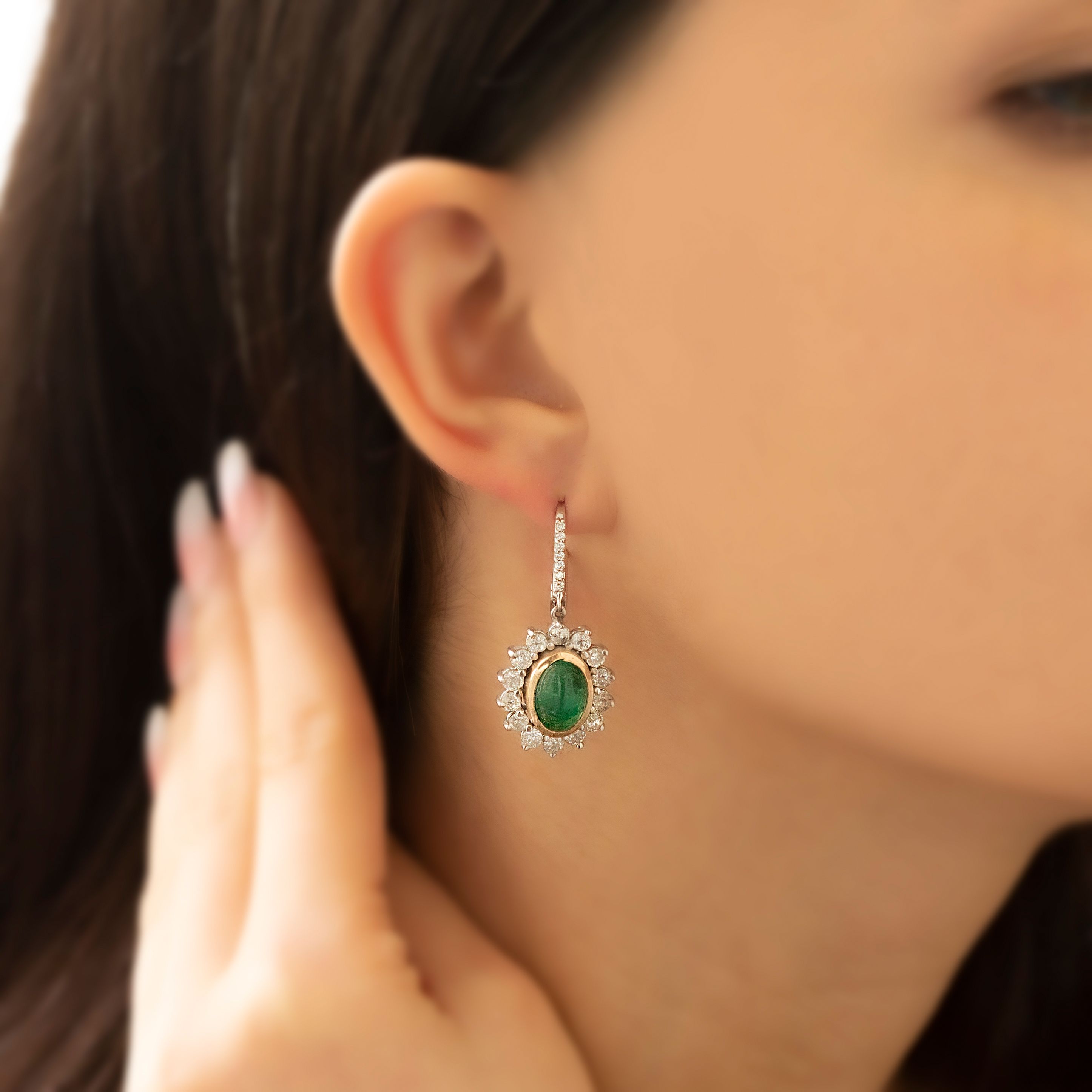 Gold Oval Emerald Stone Diamond Earrings