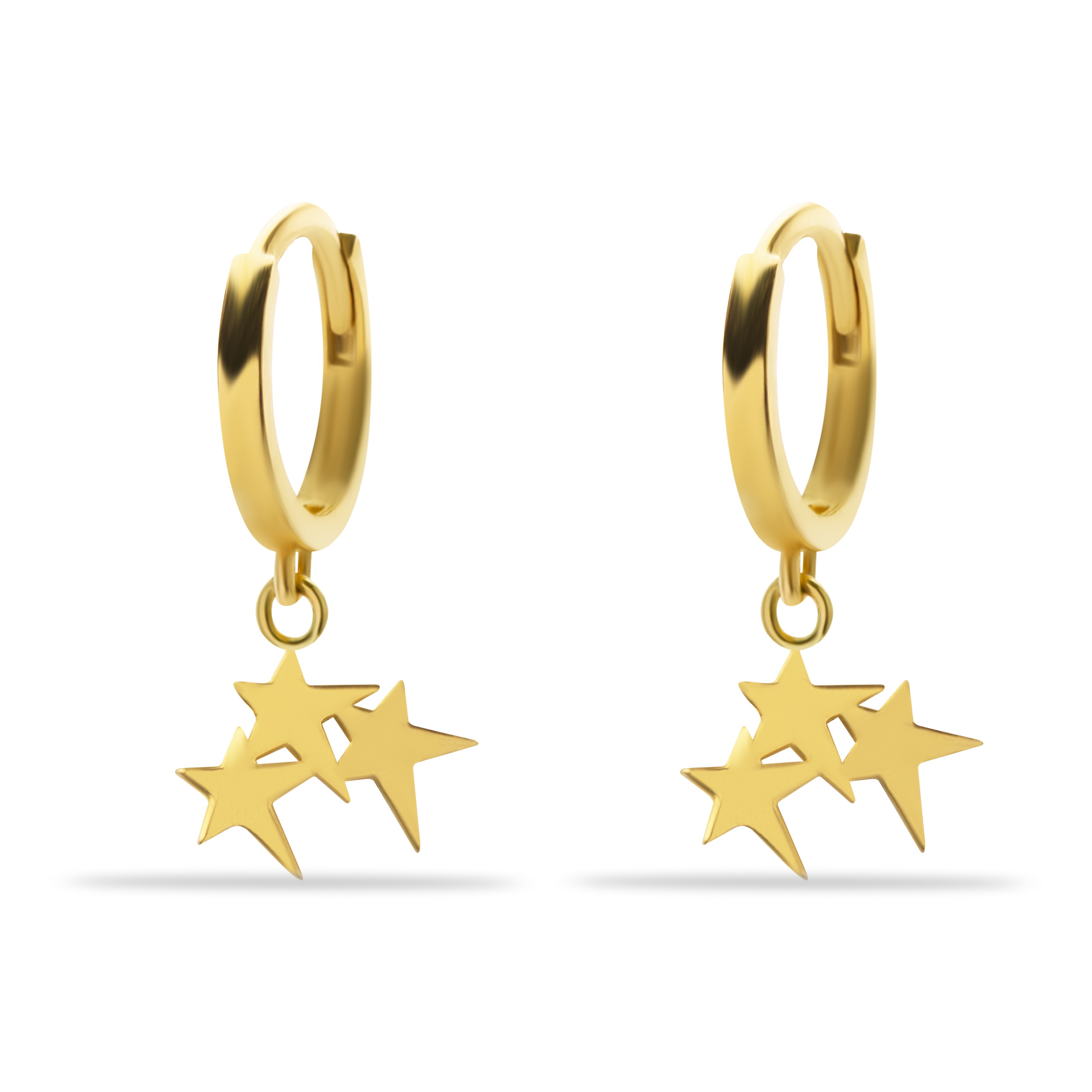 14 Carat Gold Asymmetric 3 Star Pendant Earrings