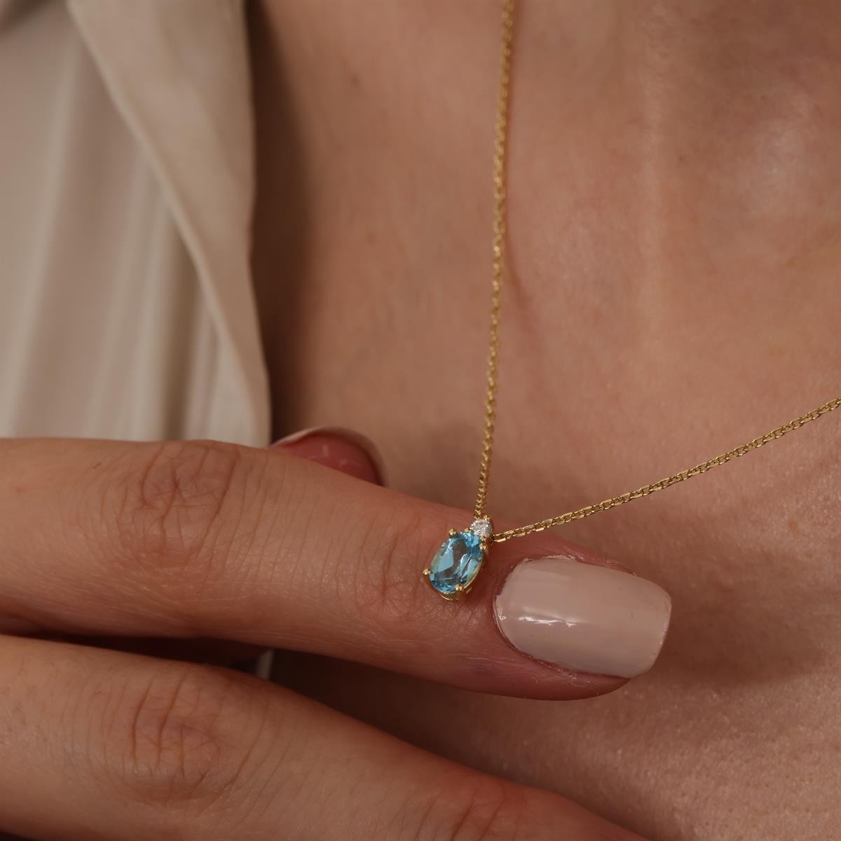 Gold Aquamarine Stone Diamond Necklace