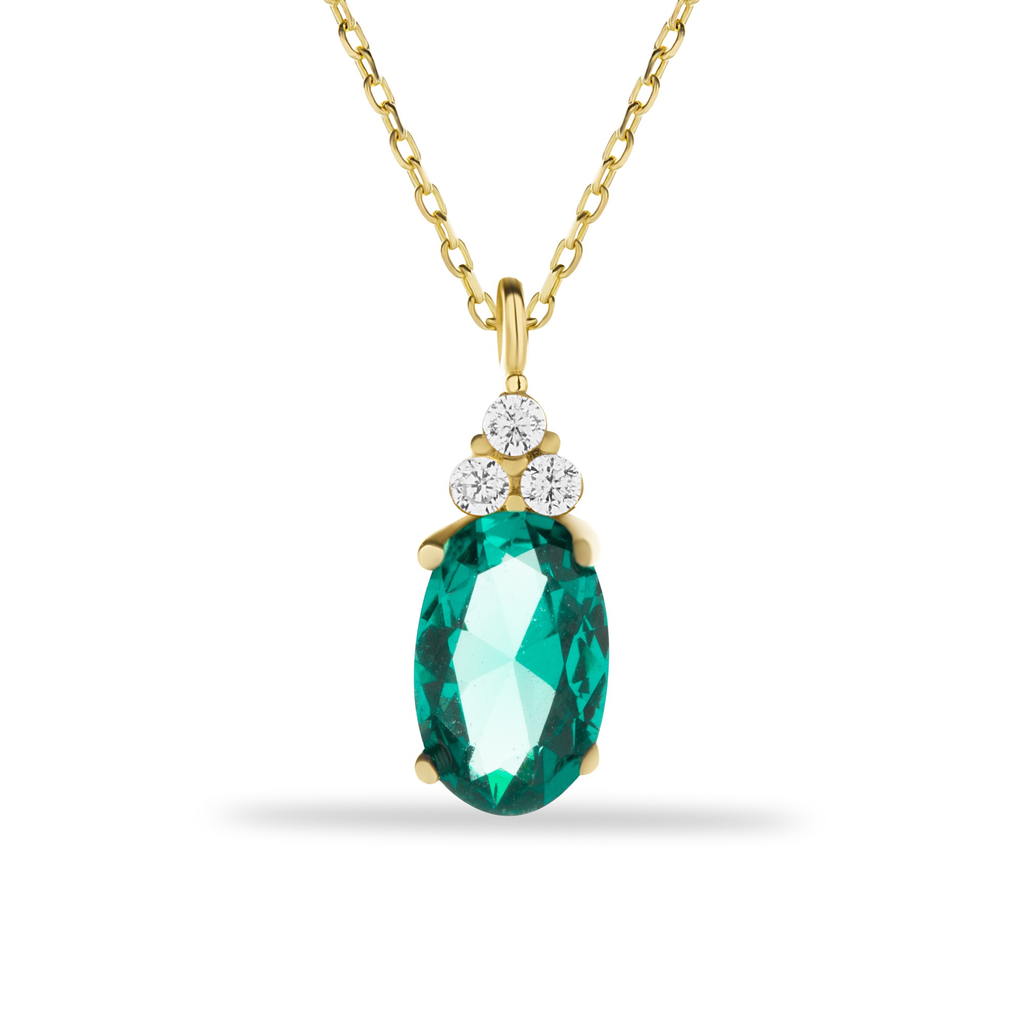 14 Carat Gold 3 Stone Emerald Oval Necklace
