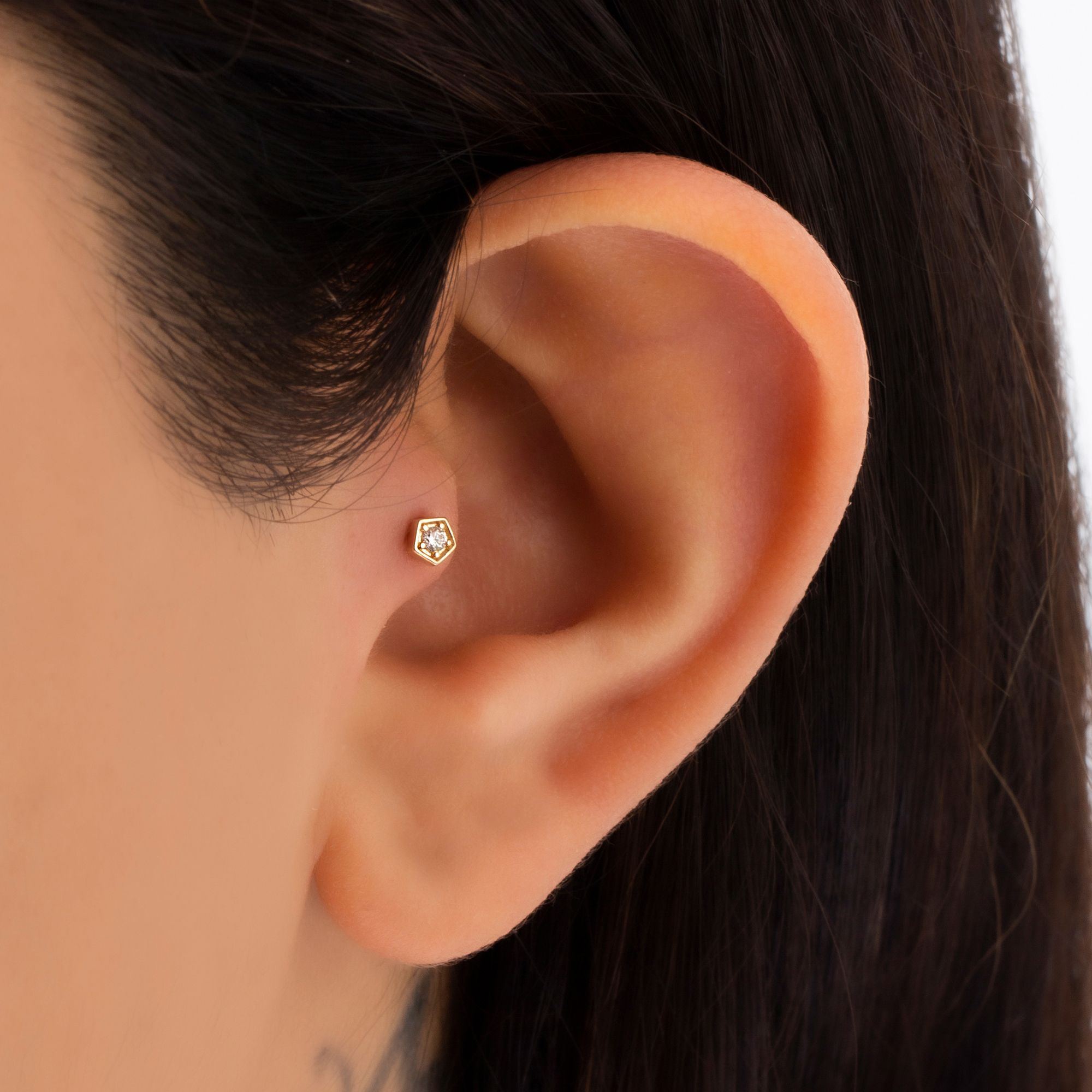 14 Carat Gold Hexagon Single Stone Piercing