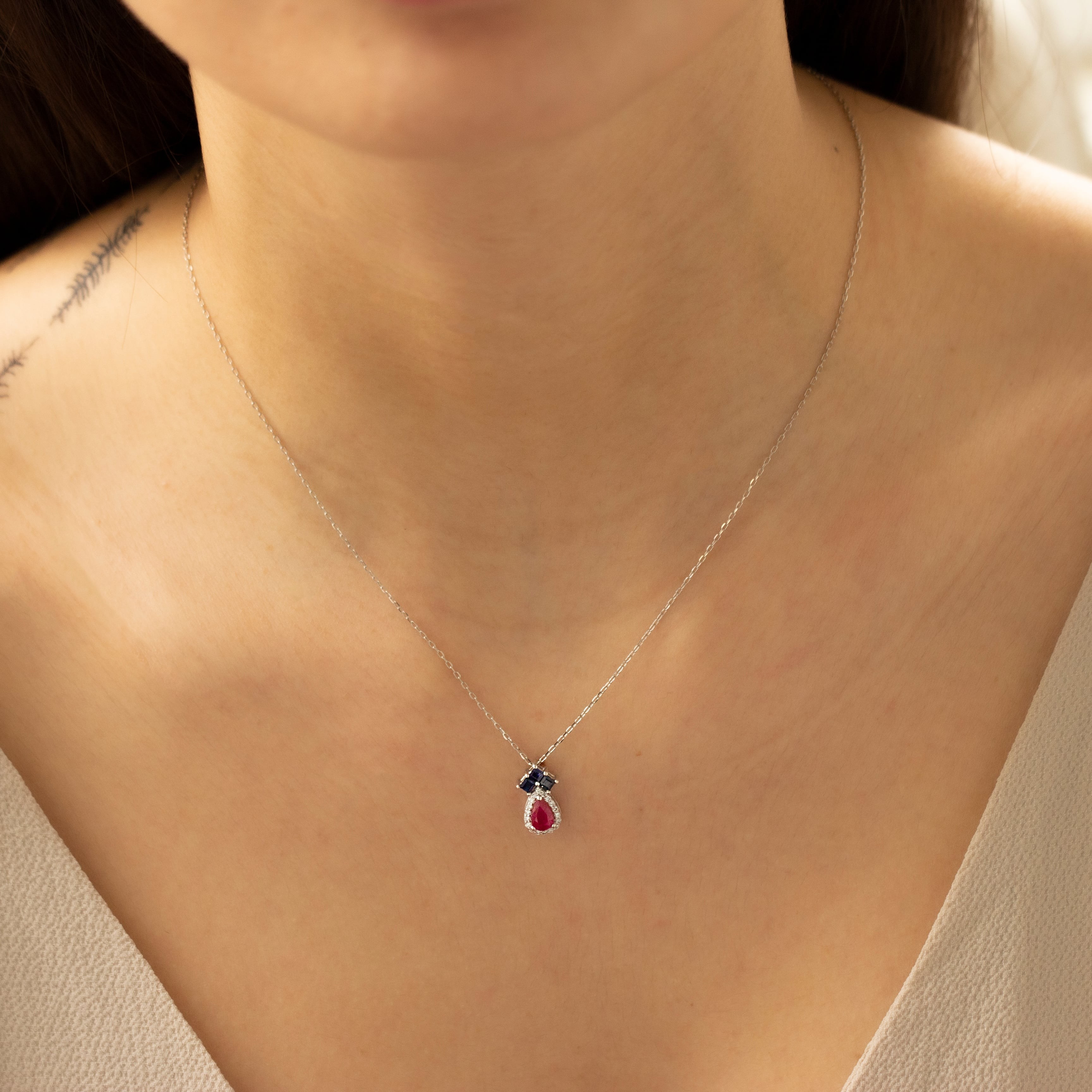 Gold Drop Stone Ruby And Square Sapphire Necklace