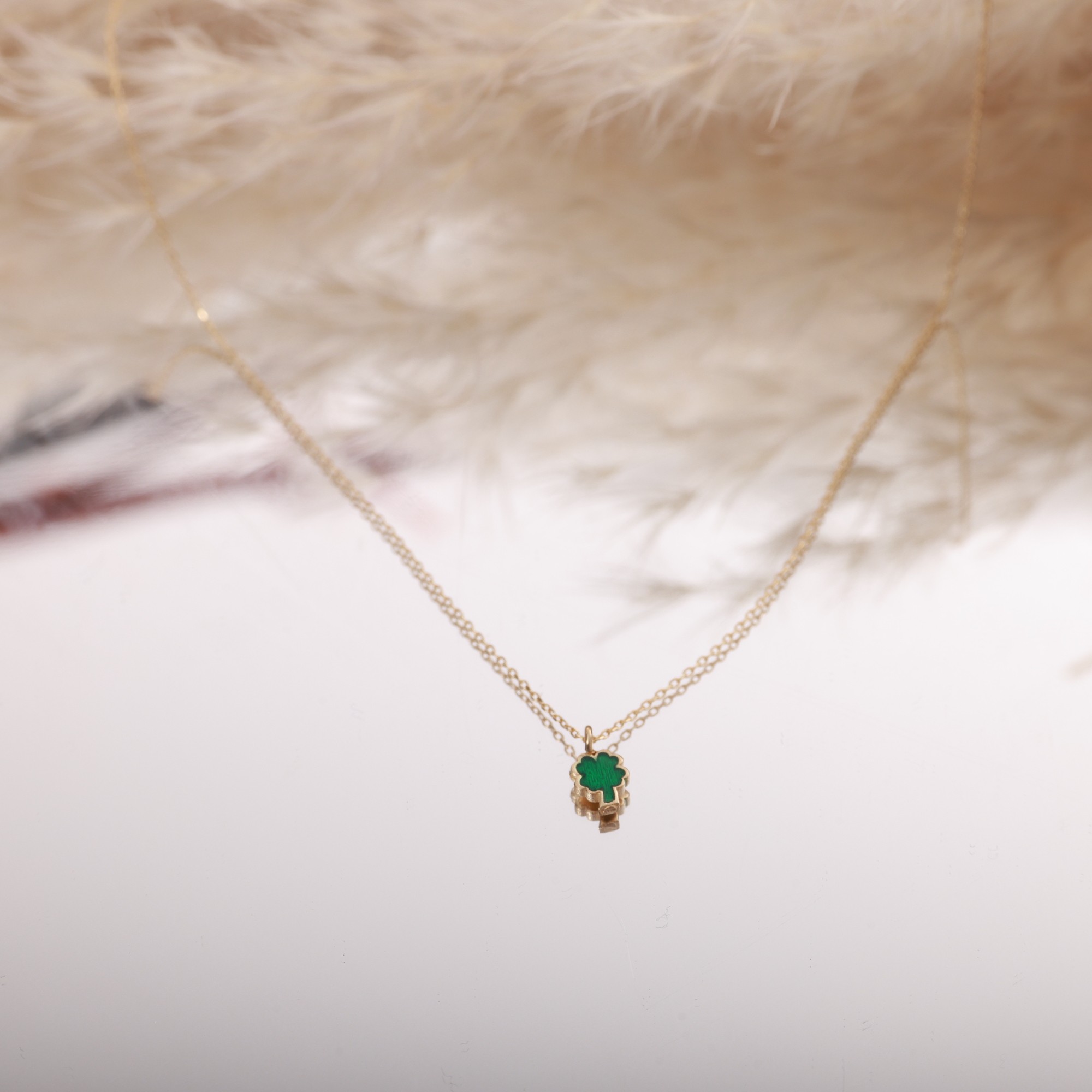 14 Carat Gold Green Enamel Clover Necklace