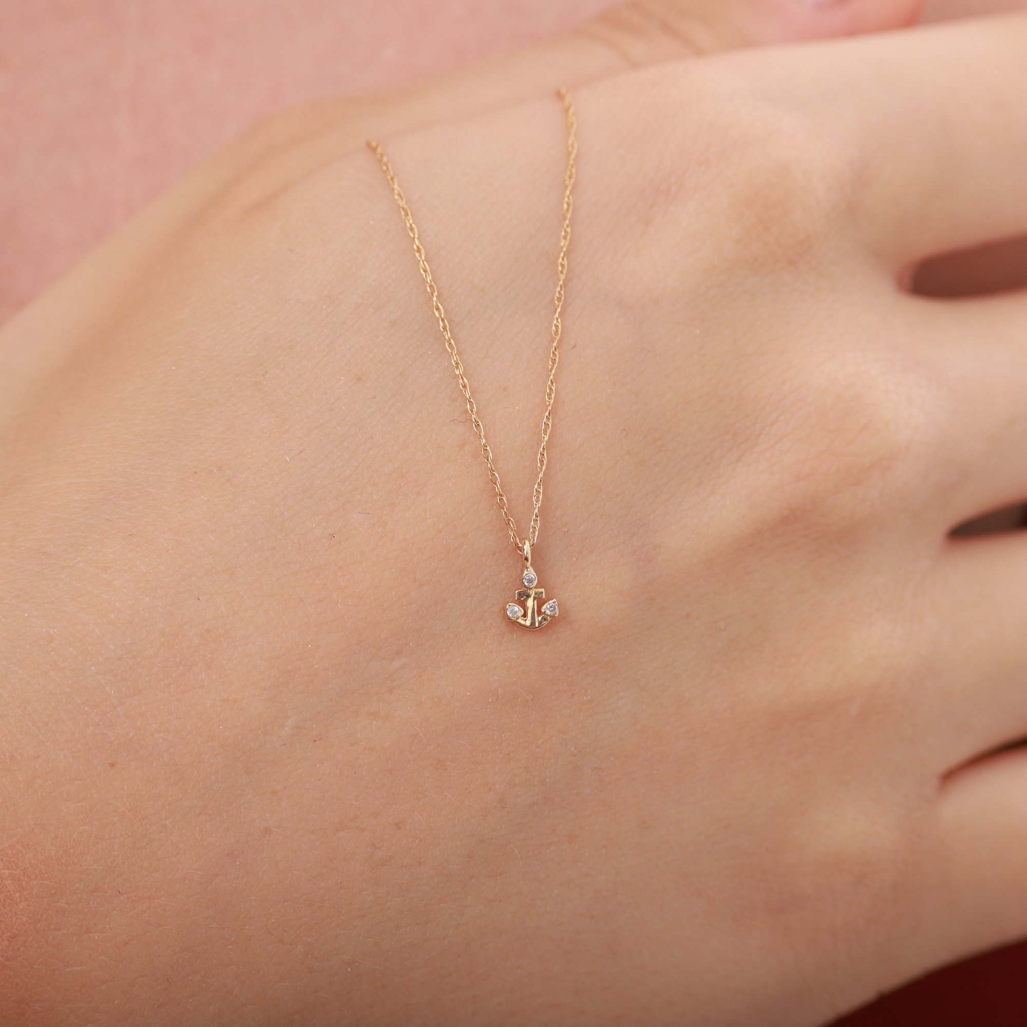 14 Carat Gold Minimal Anchor Stone Necklace