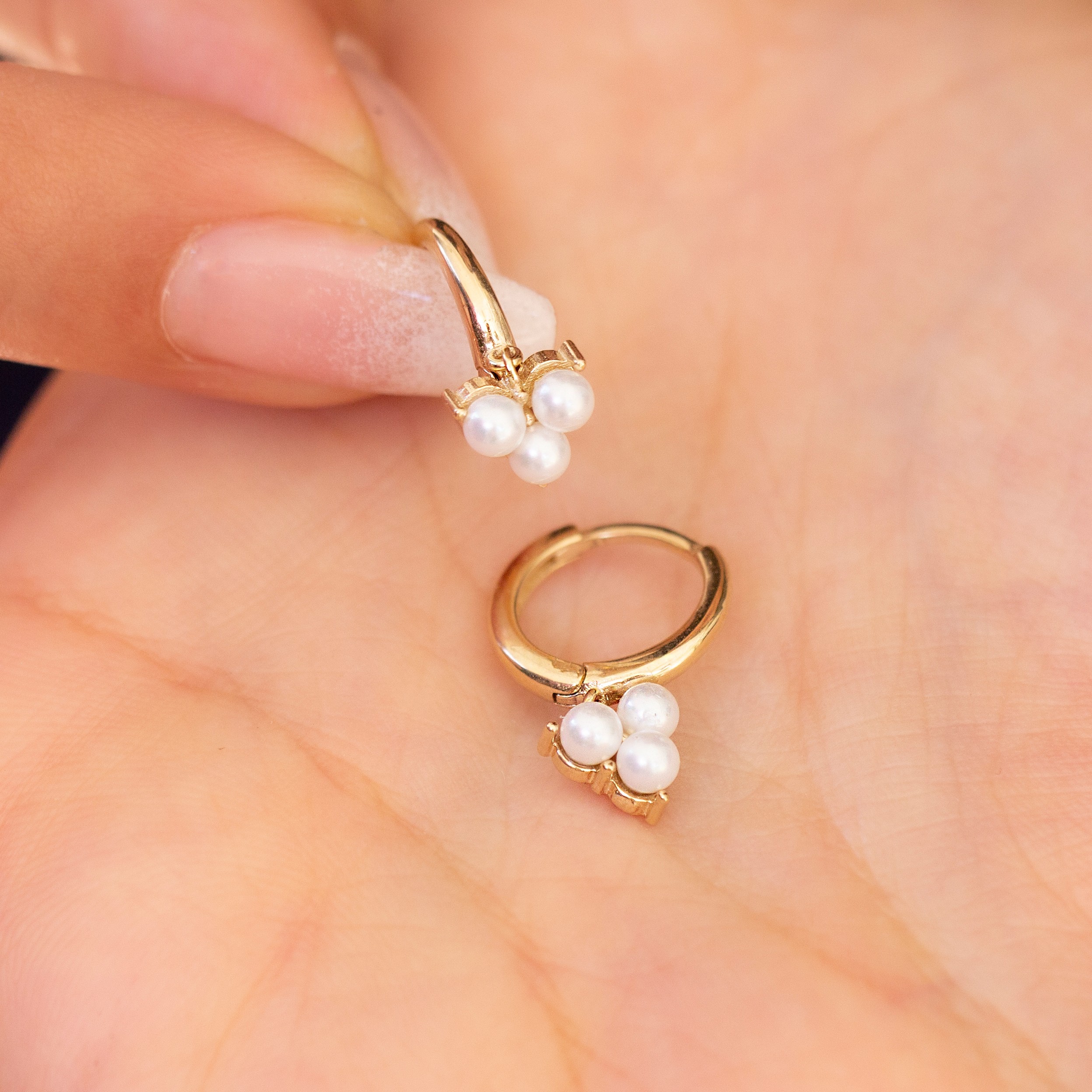 14 Carat Gold Triple Pearl Earrings