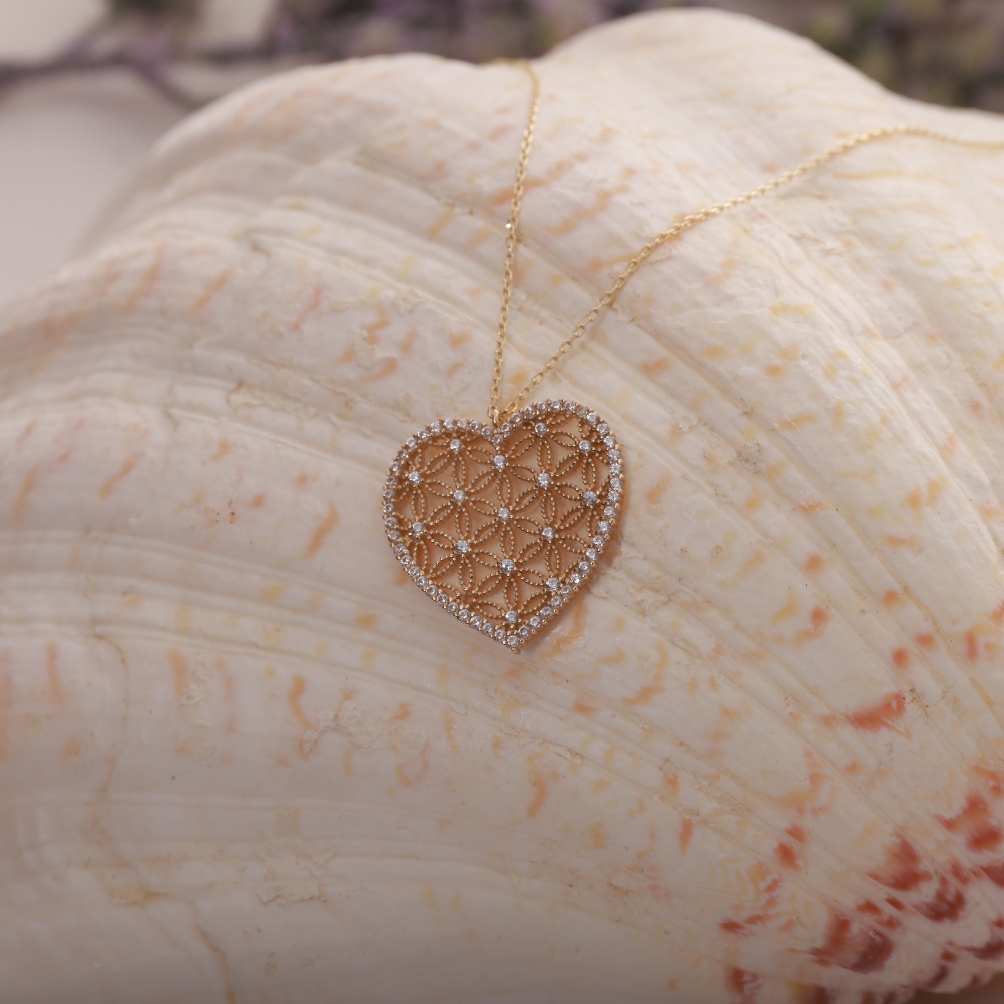 14 Carat Gold Heart Flower of Life Necklace