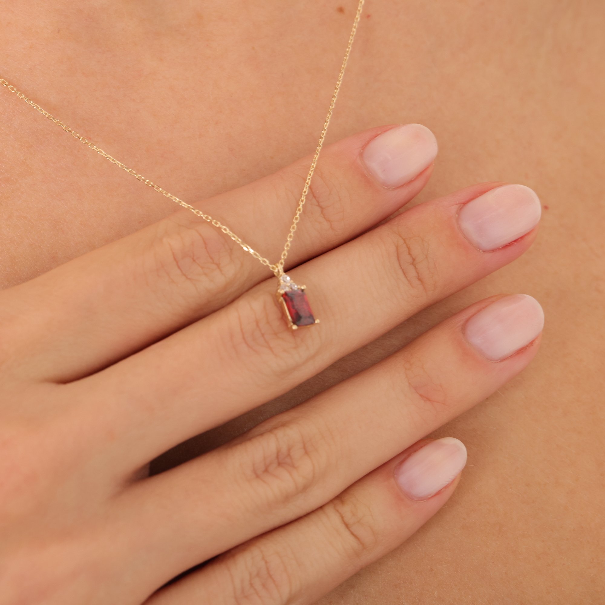 14 Carat Gold Ruby Stone Baguette Necklace