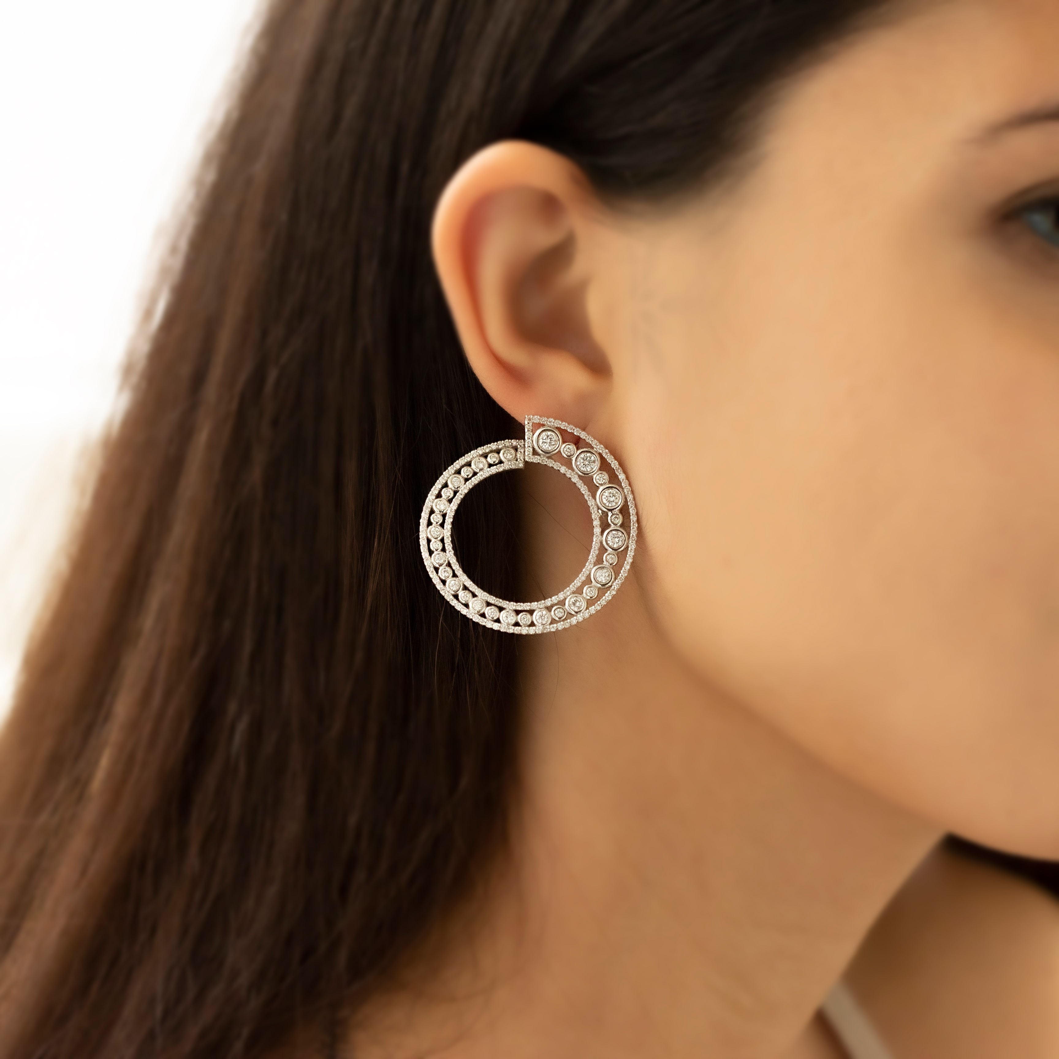 Gold Circle Row Stone Design Diamond Earrings