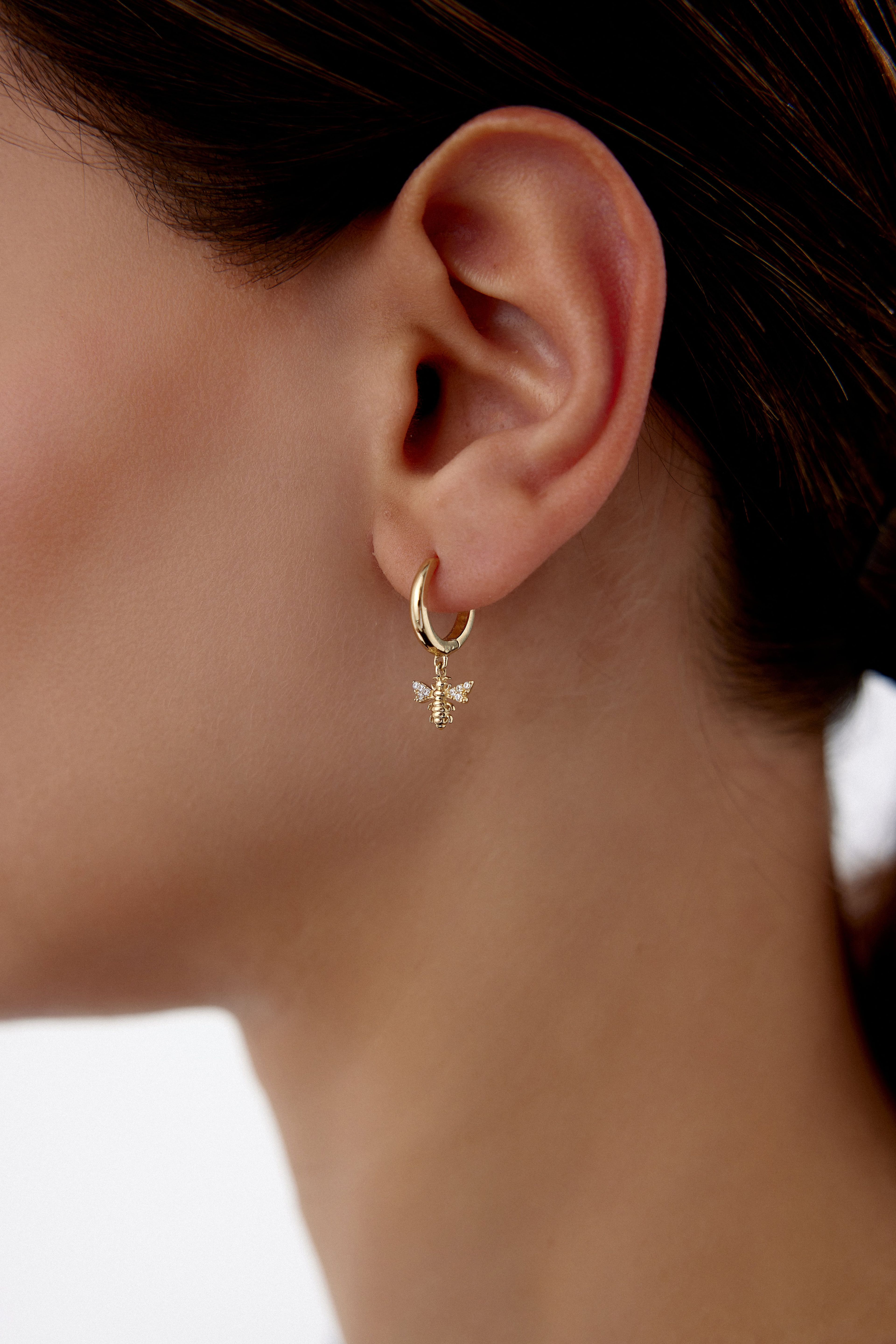 14 Carat Yellow Gold Dangle Hoop Earrings with Bee Detail