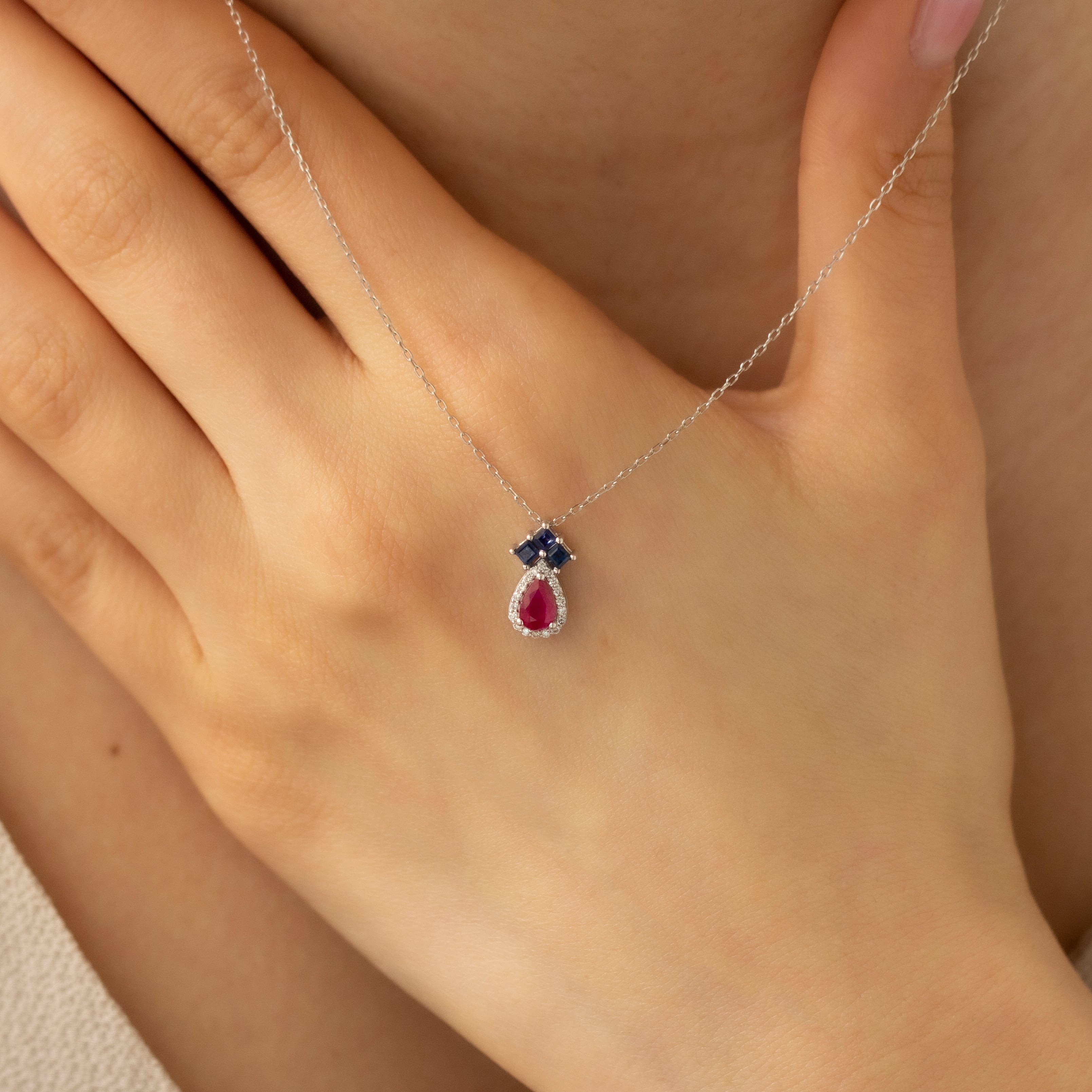 Gold Drop Stone Ruby And Square Sapphire Necklace