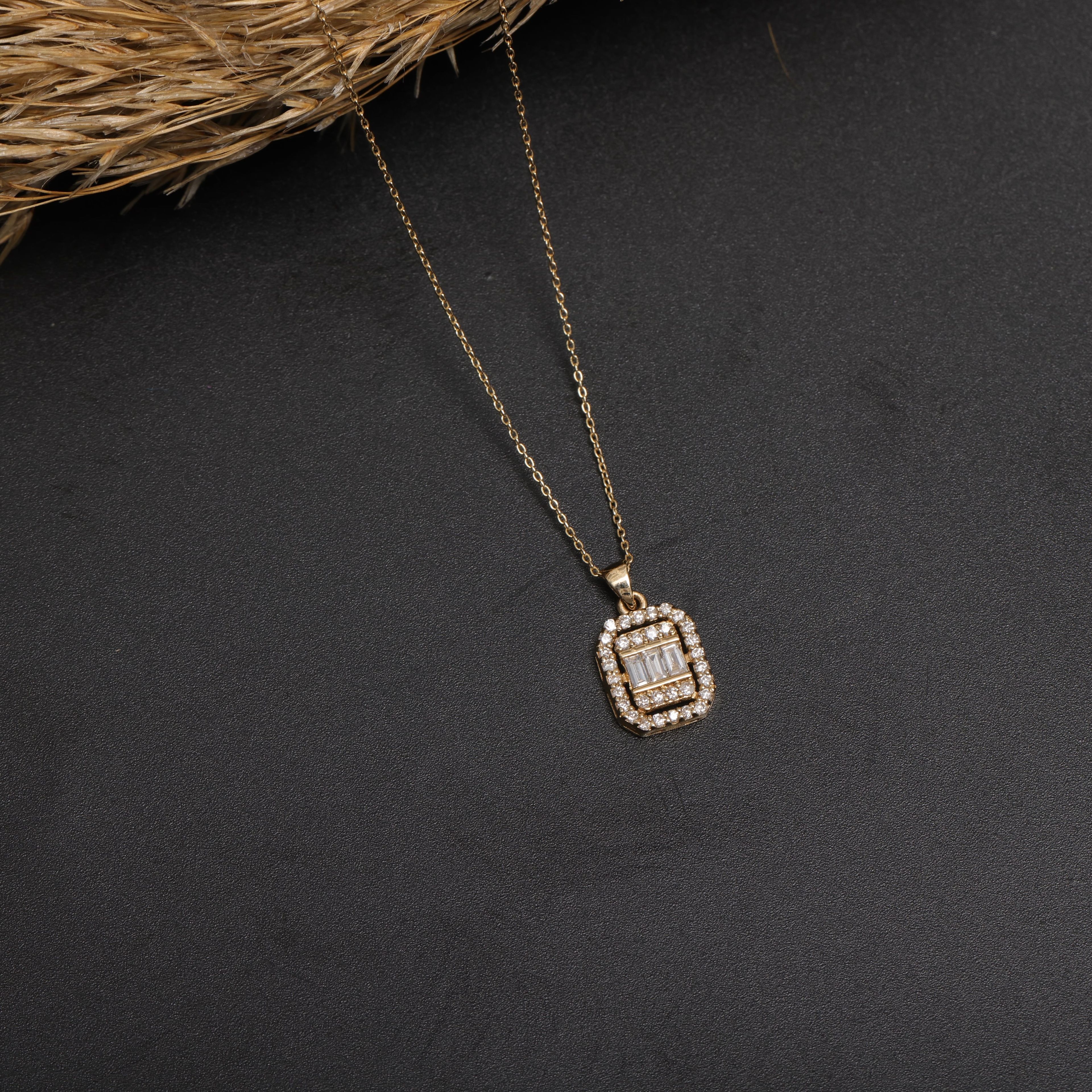 Gold Large Baguette Stone Diamond Necklace