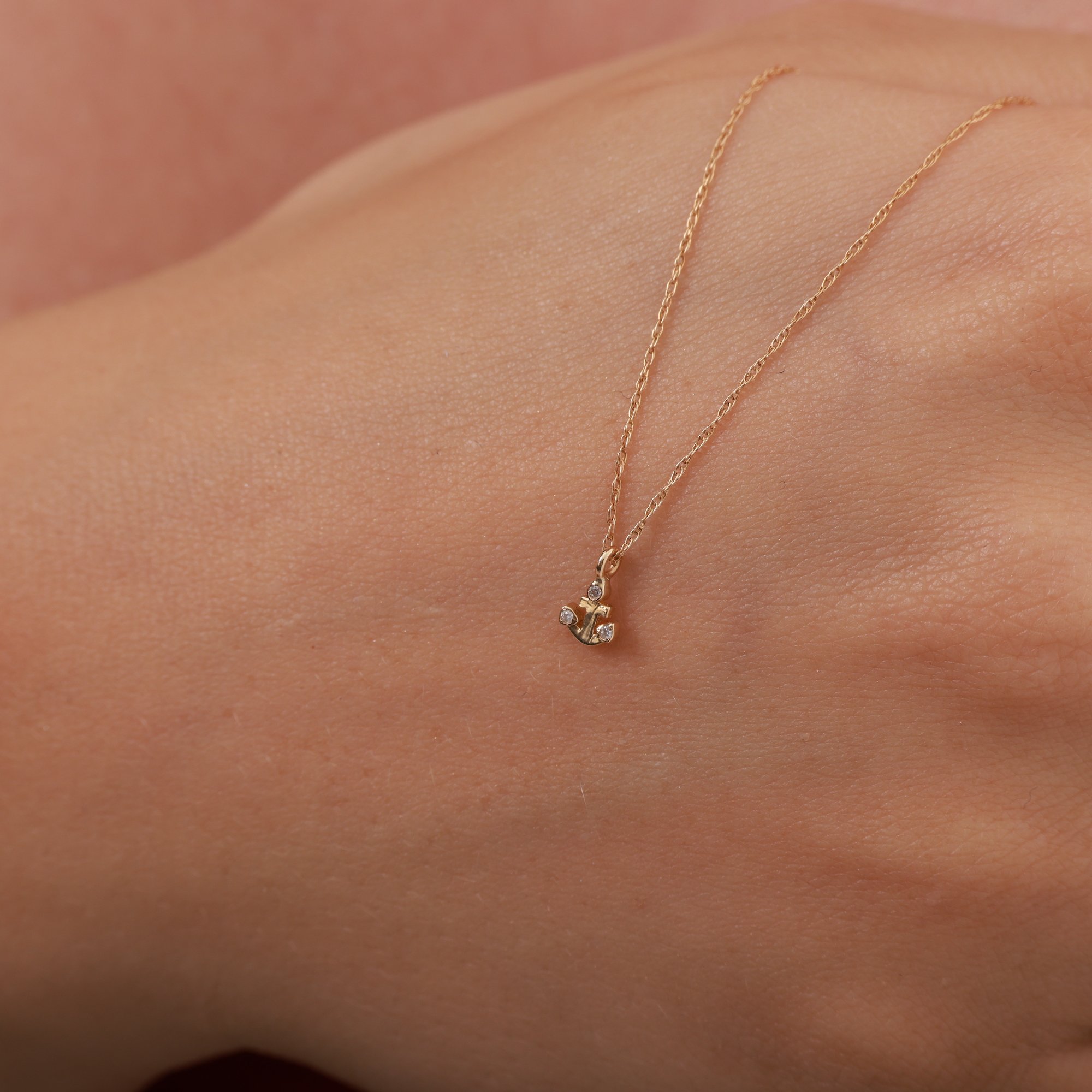 14 Carat Gold Minimal Anchor Stone Necklace