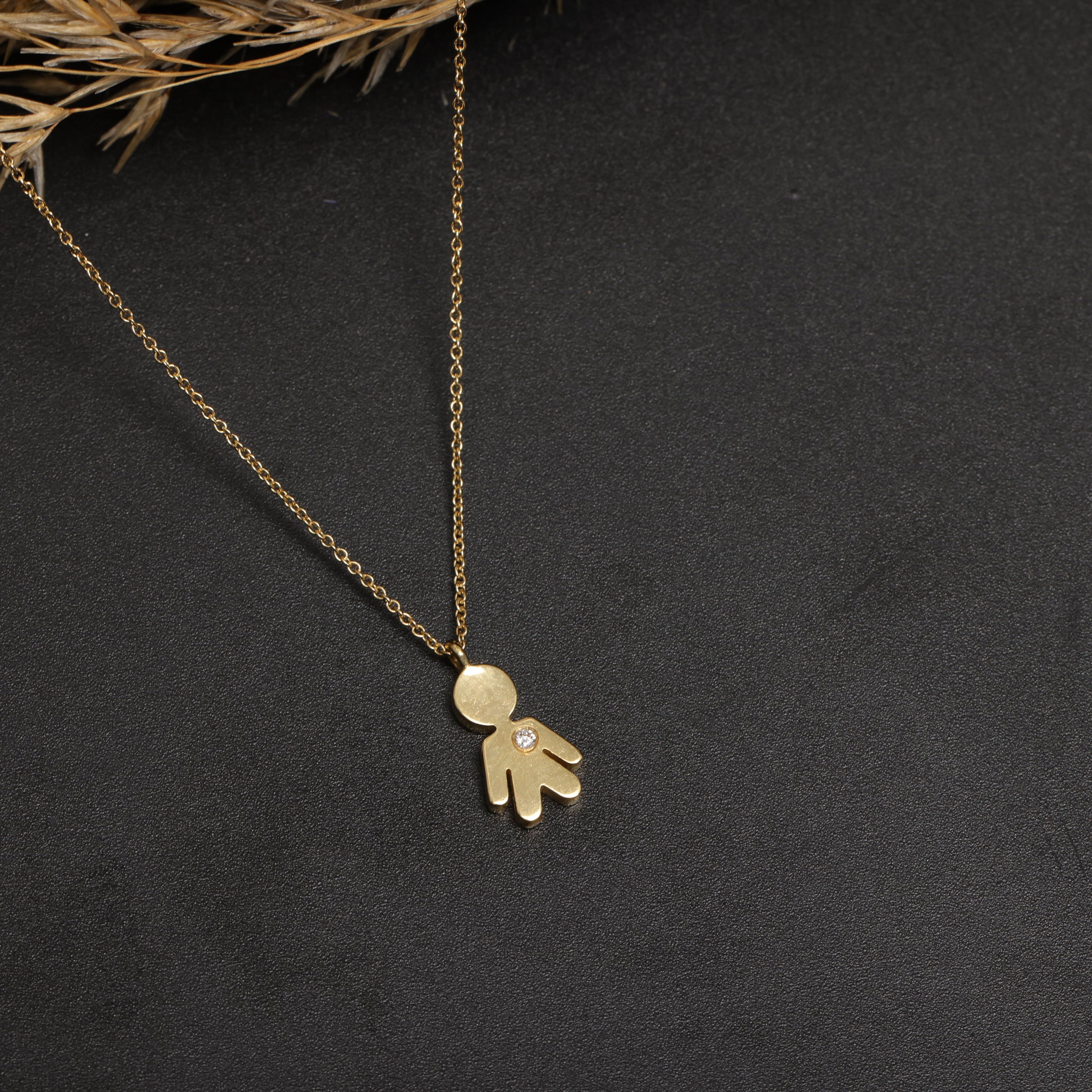 Gold Boy Figure Diamond Stone Necklace