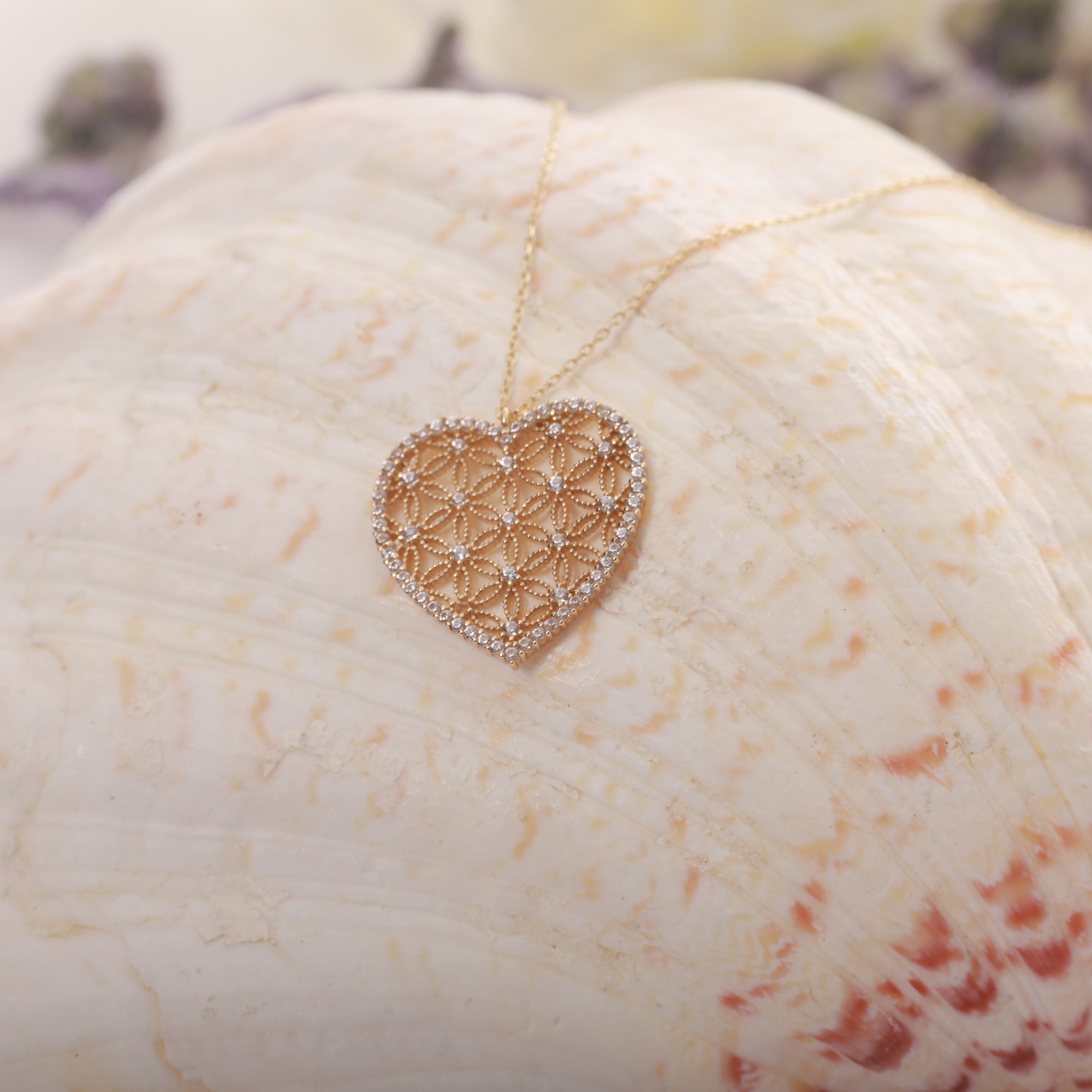 14 Carat Gold Heart Flower of Life Necklace