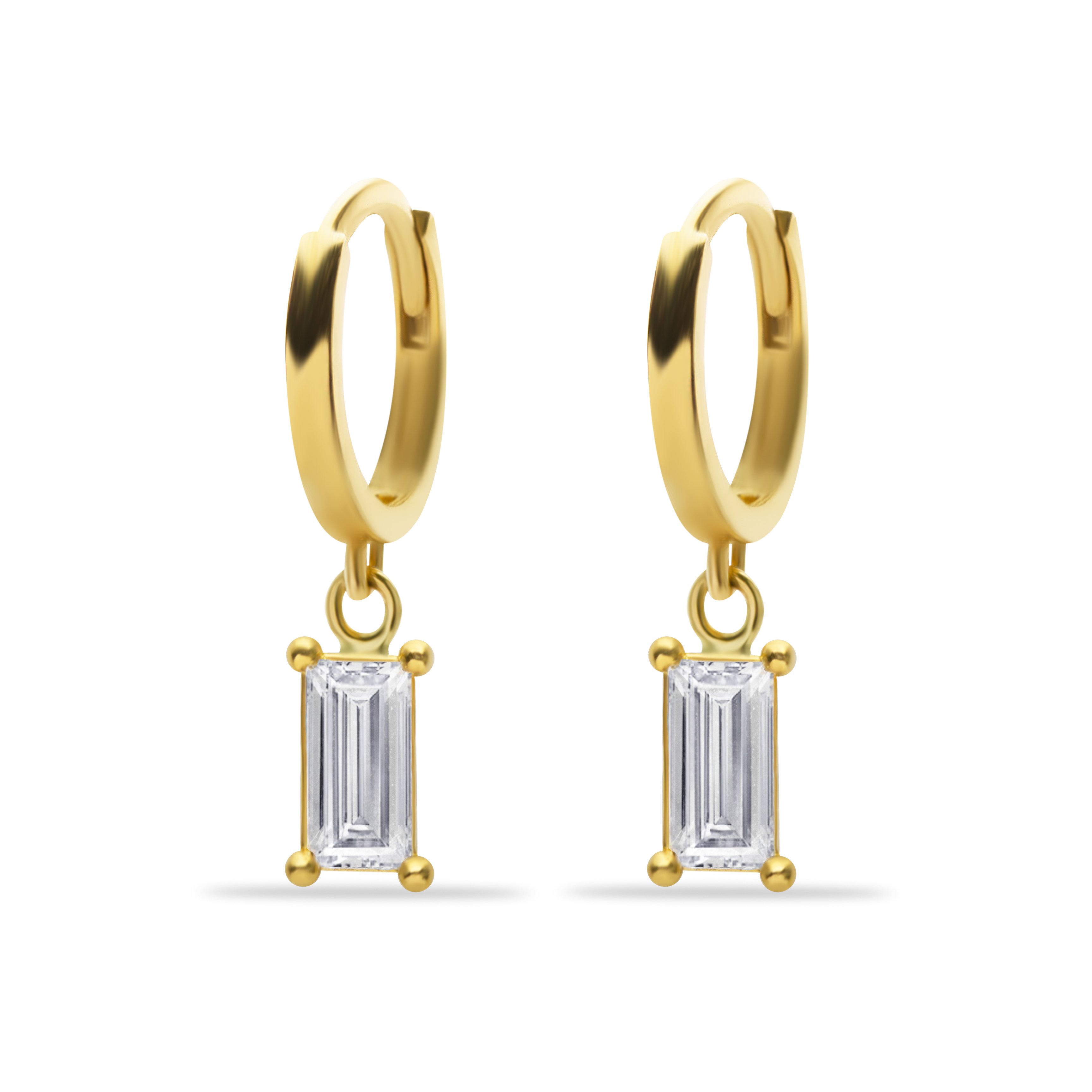 14 Carat Gold Baguette Stone Minimal Dangle Earrings