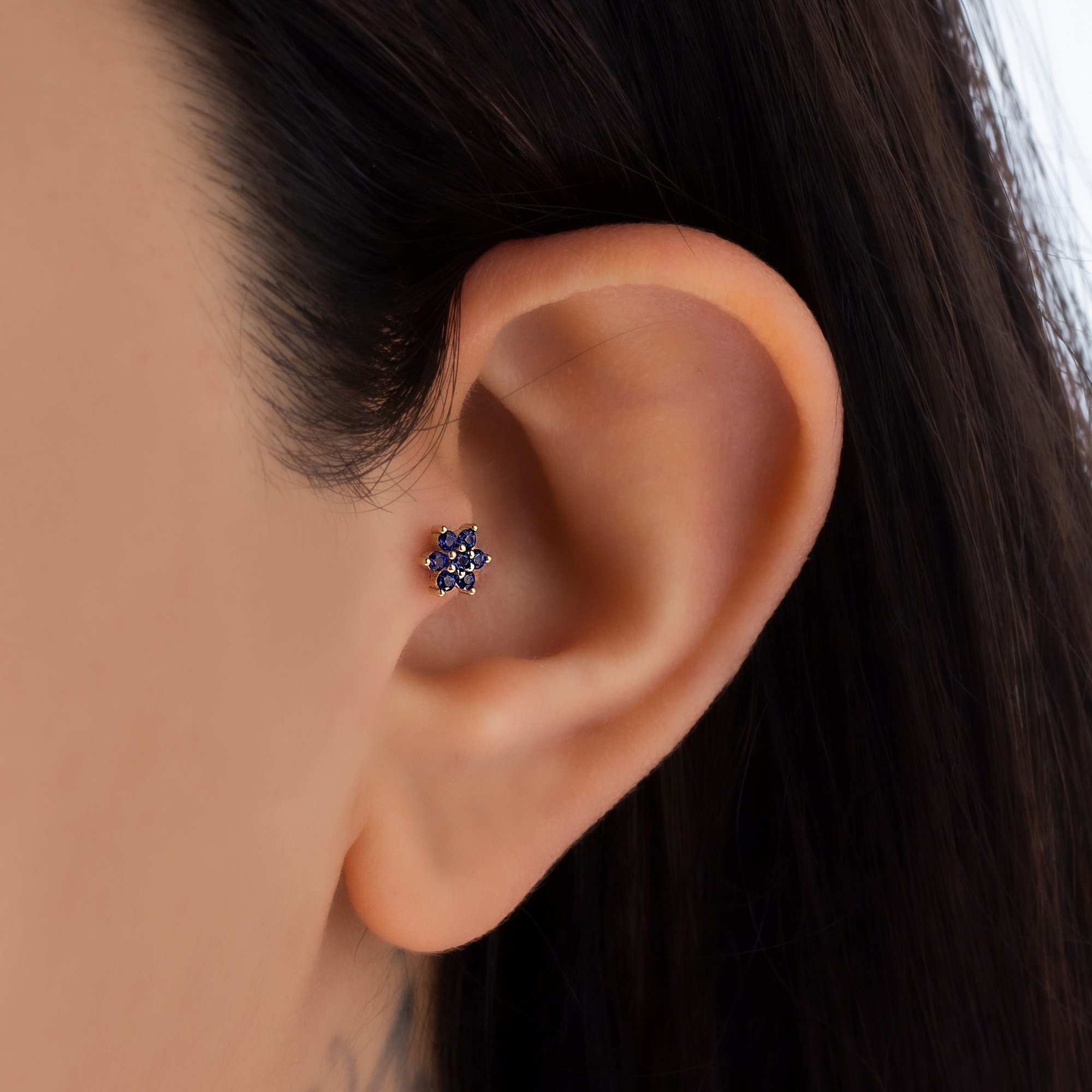 14 Ayar Altın Safir Taşlı Yıldız Piercing